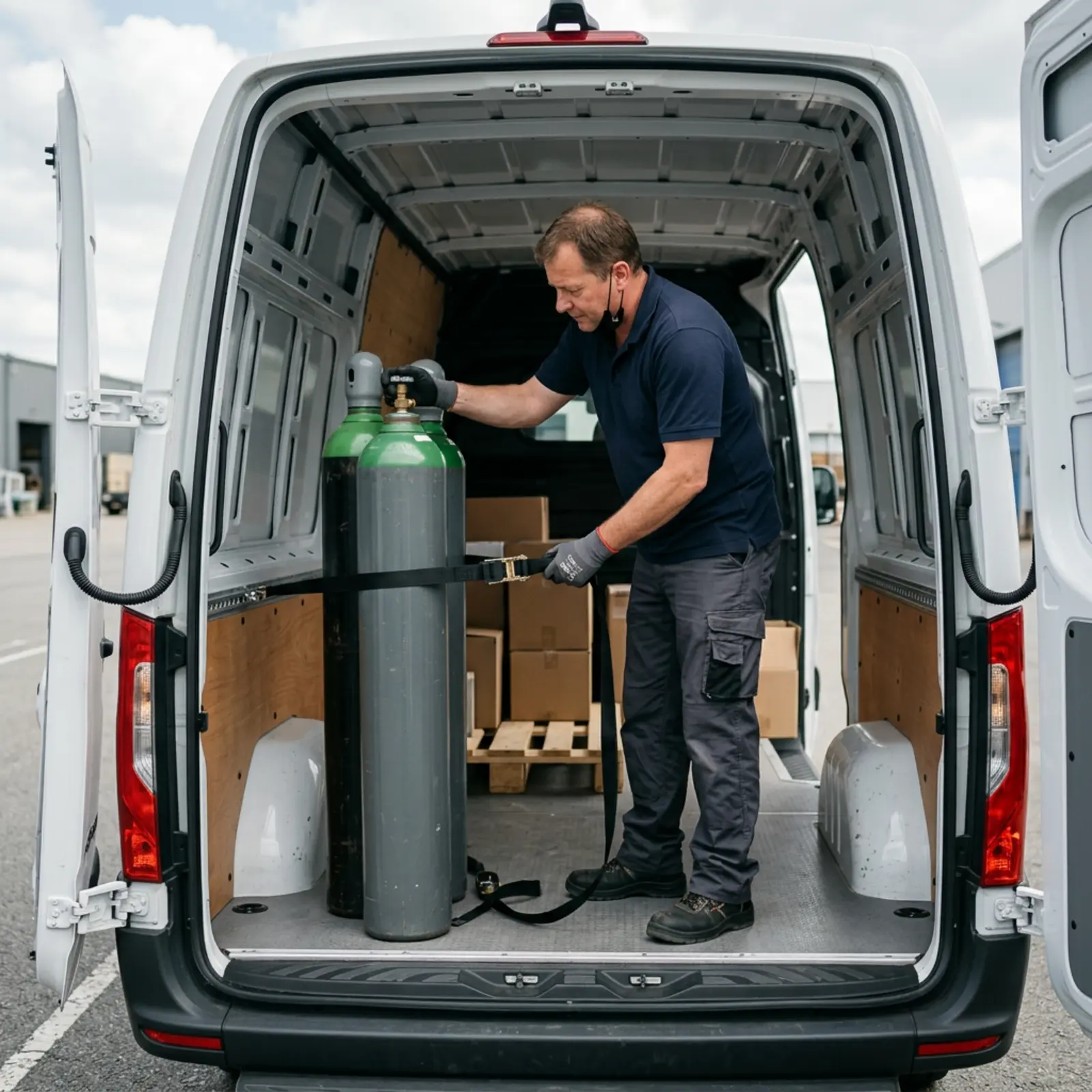 Logistikmitarbeiter sichert Gasflaschen im Transporter und prüft Ventilkappen vor Abfahrt