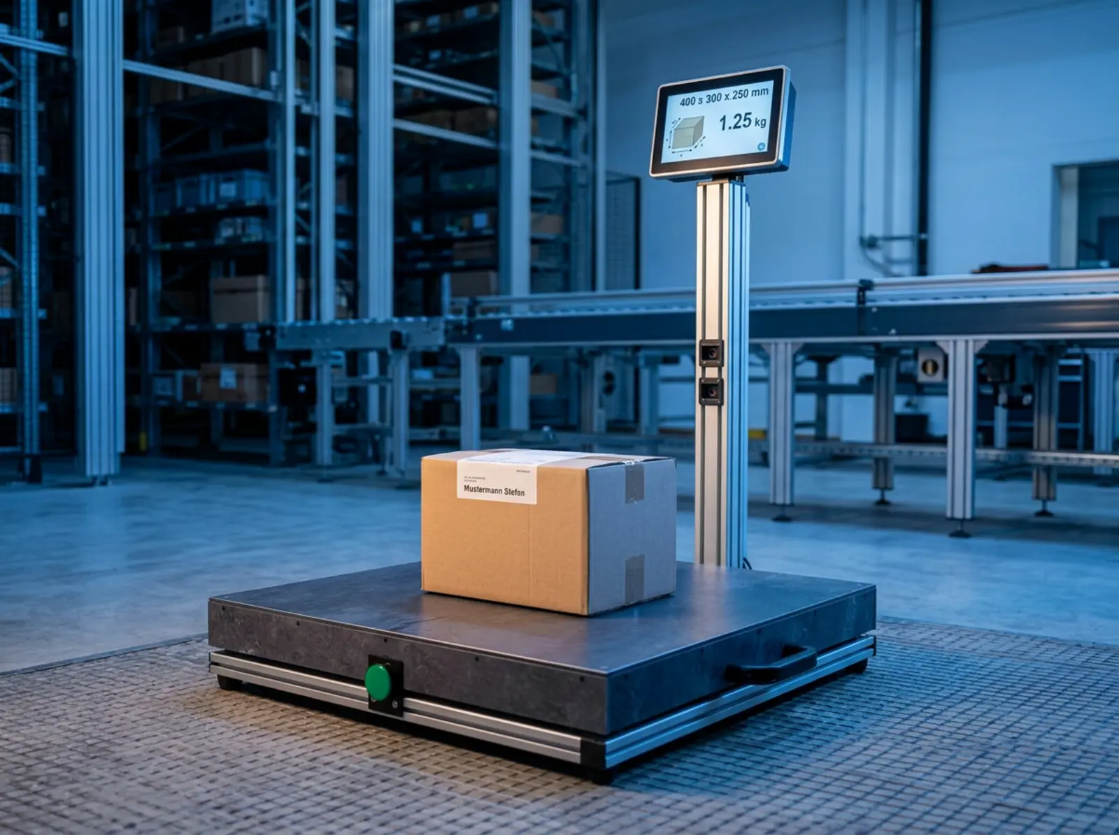 A package with a digital display showing its dimensions and weight in front of a logistics center.