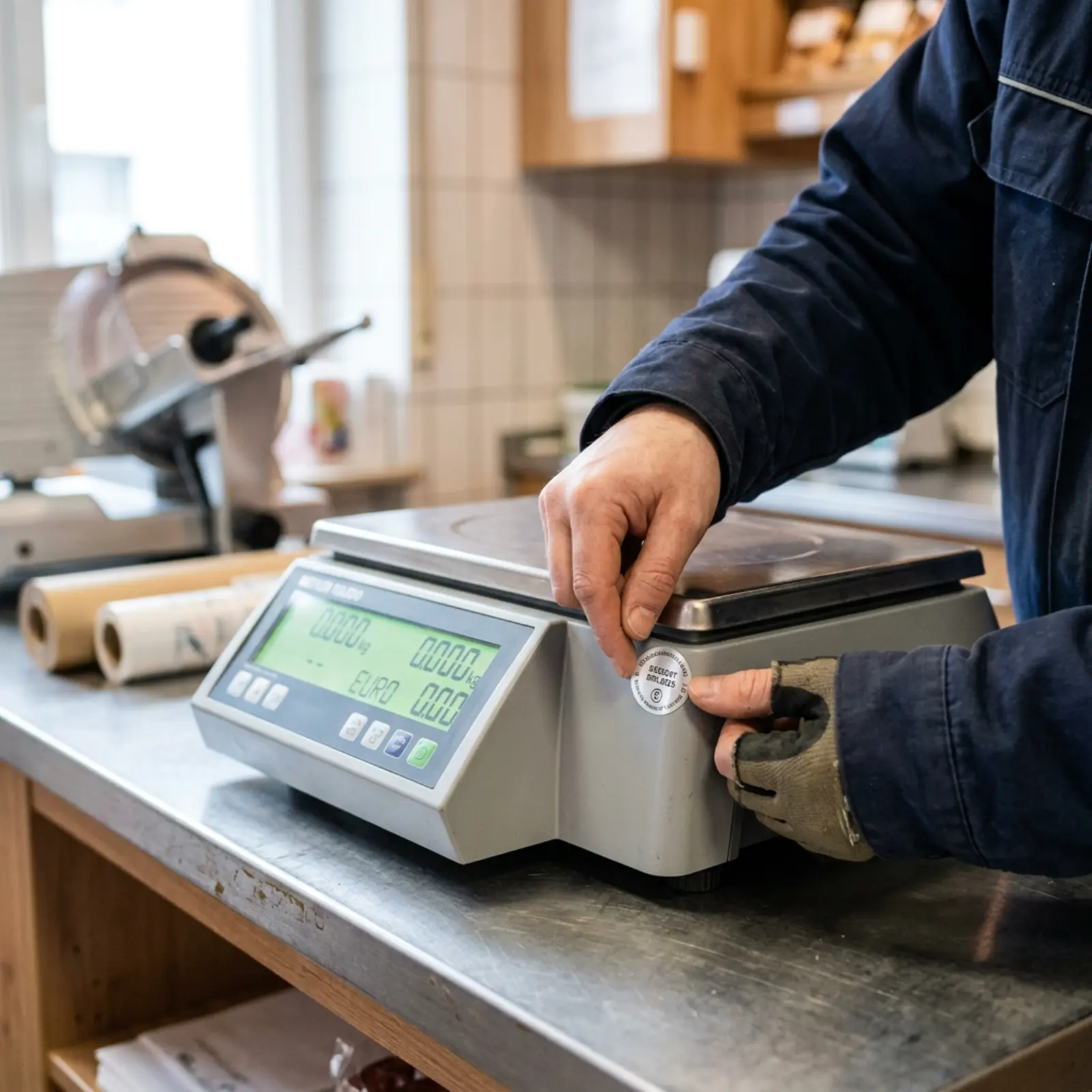 Techniker klebt eine datierte Eichplakette an das Gehäuse einer Ladenwaage.