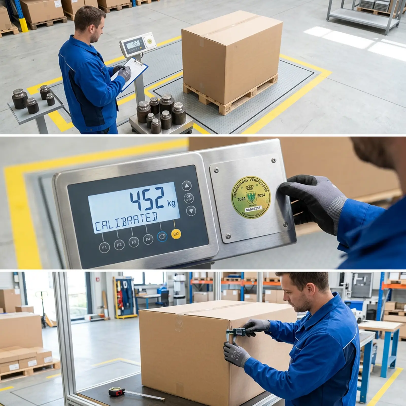 Un magasinier pèse un grand carton sur une balance industrielle et vérifie ses dimensions extérieures.