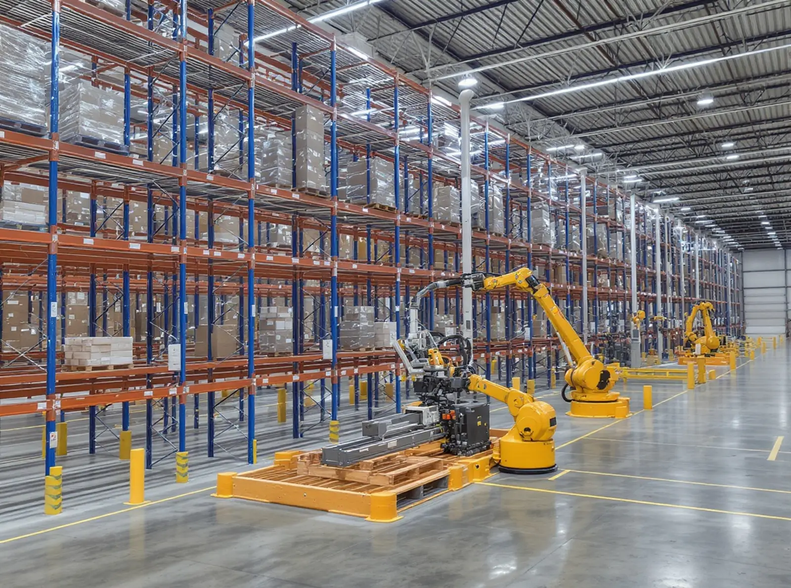 Entrepôt à rayonnages en hauteur photoréaliste situé dans un centre de distribution moderne, équipé de robots et de convoyeurs.