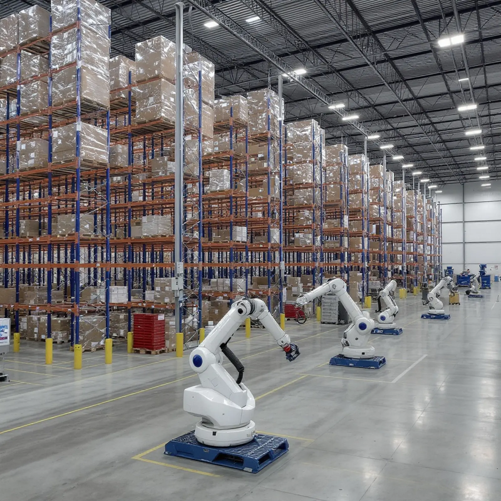 Moderne automatisierte Lagerhalle mit hohen Palettenregalen, AS/RS und Robotern
