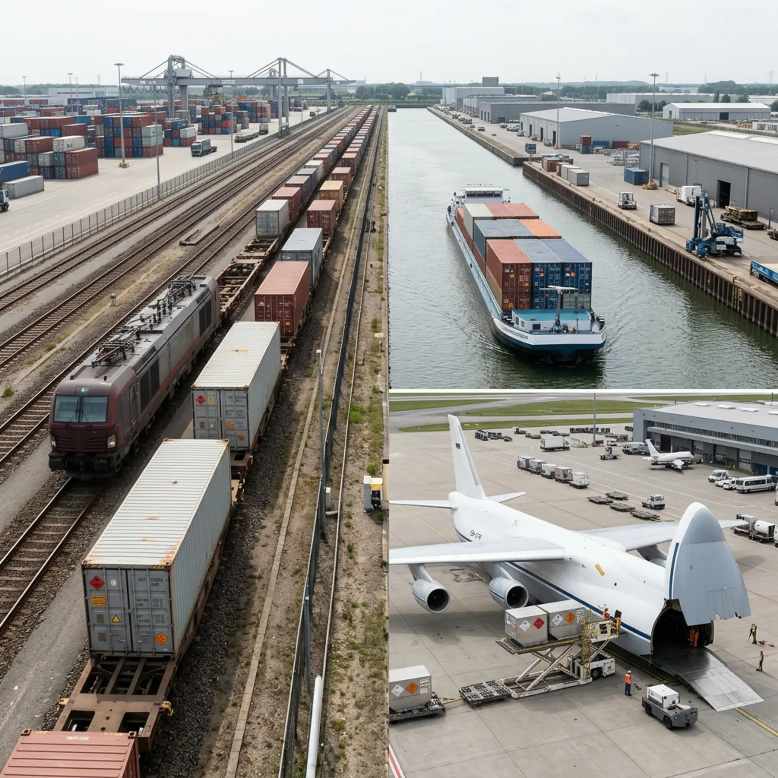 Spürbarkeits-Logistik: Güterzug, Barke im Kanal und Frachtflugzeug auf Rampe mit Containern