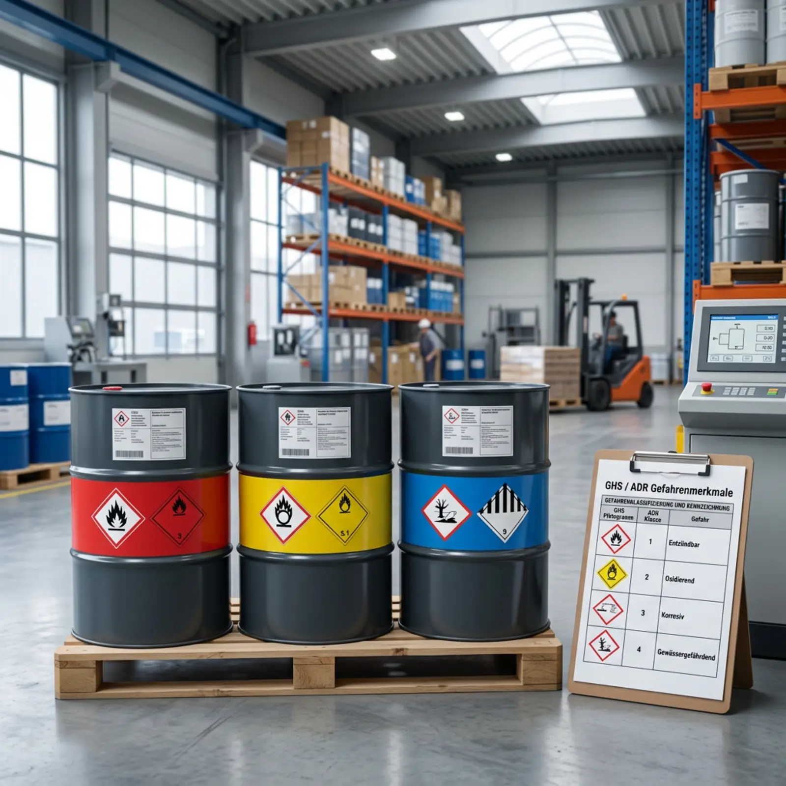 Drei Chemiefässer mit farbigen Gefahrbändern im Lager neben Klassifikationstafel auf Clipboard