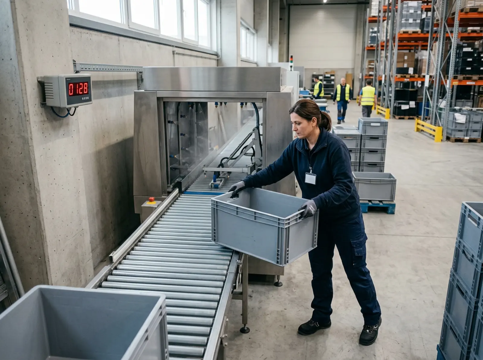 Techniker setzt wiederverwendbaren Industriebehälter auf Förderband in automatischer Wasch- und Prüfstation
