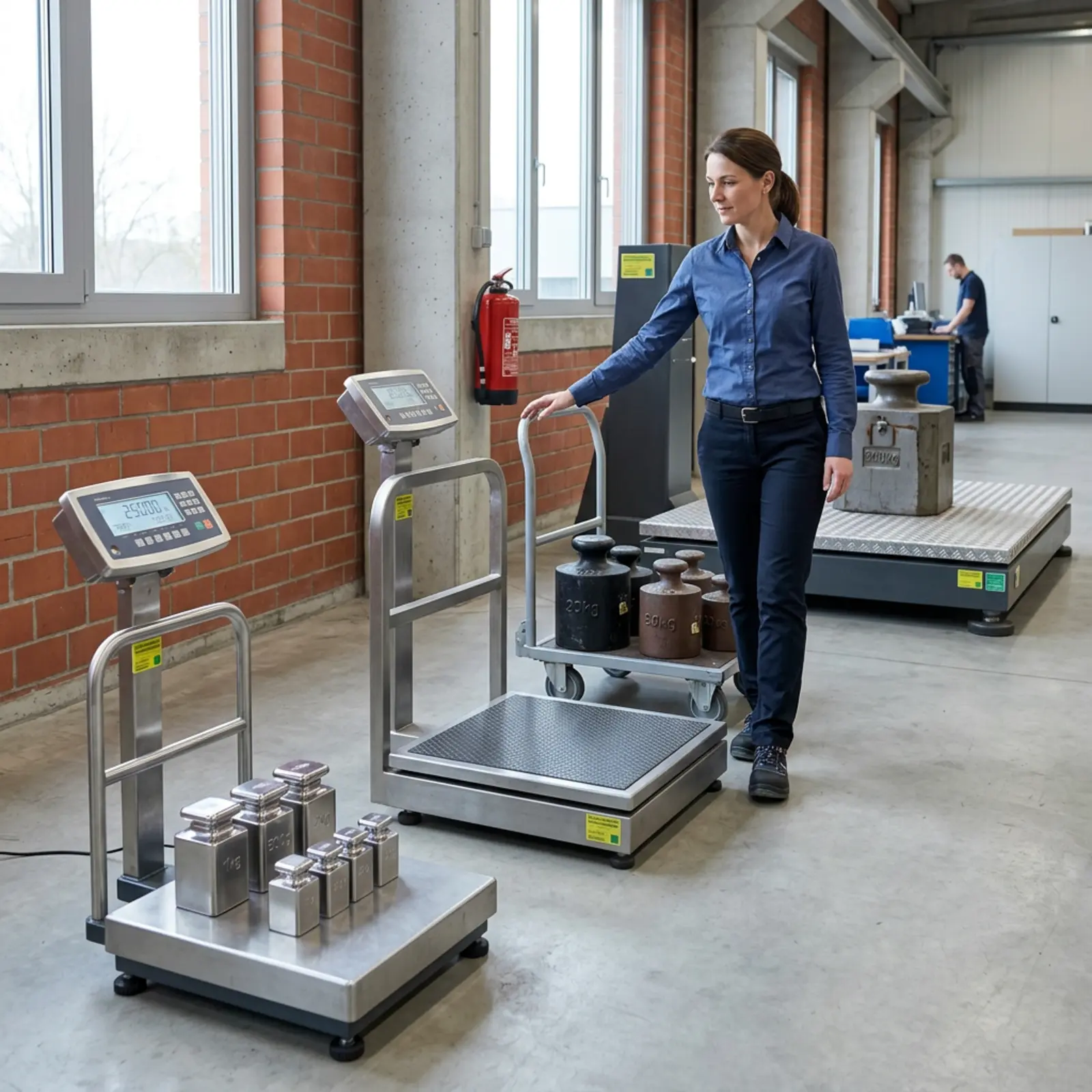 Un technicien de maintenance passe devant trois balances de tailles différentes ; gros plan sur la plaque d'étalonnage.