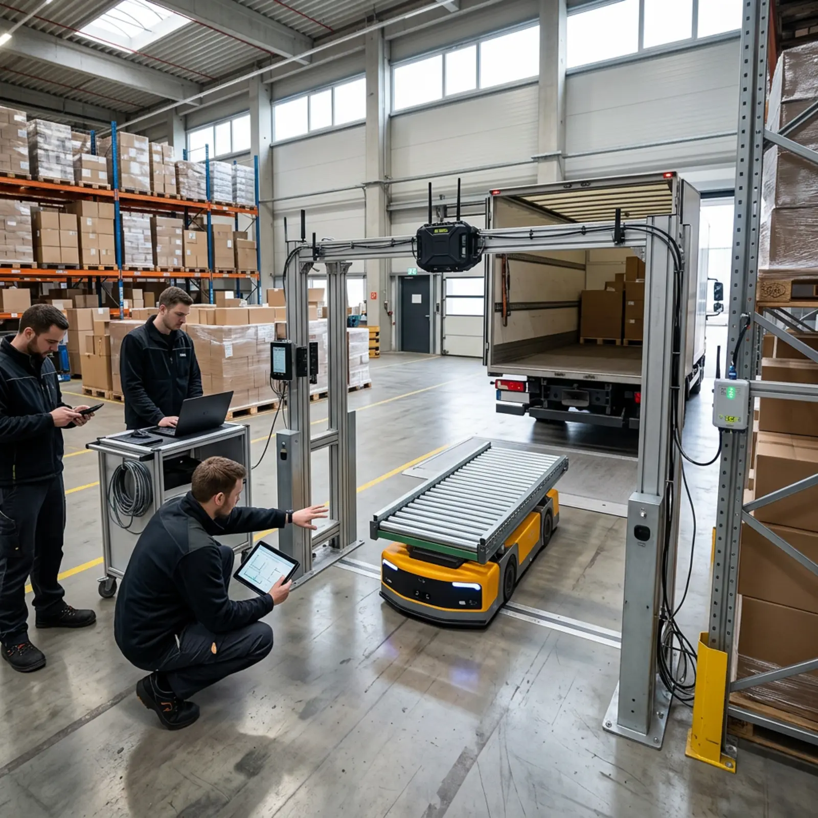 Logistiklager mit gemischten Geräten: Gate-Reader, Umwelt-Sensoren, Lkw-Tracker, mobiler Roboter.