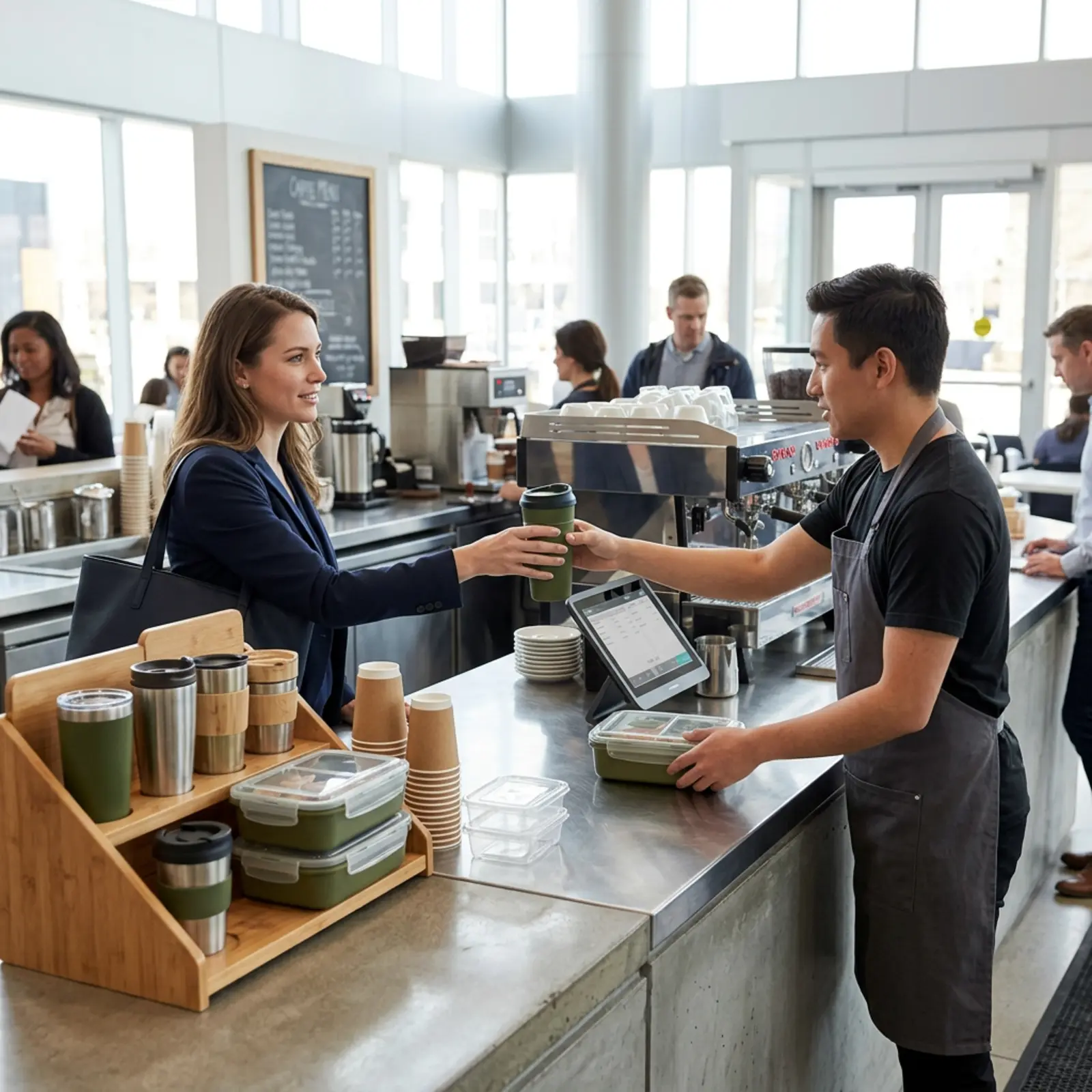 Mitarbeiter reicht wiederverwendbaren To-go-Becher an Kunden am Café-Counter mit Vorratsbehältern