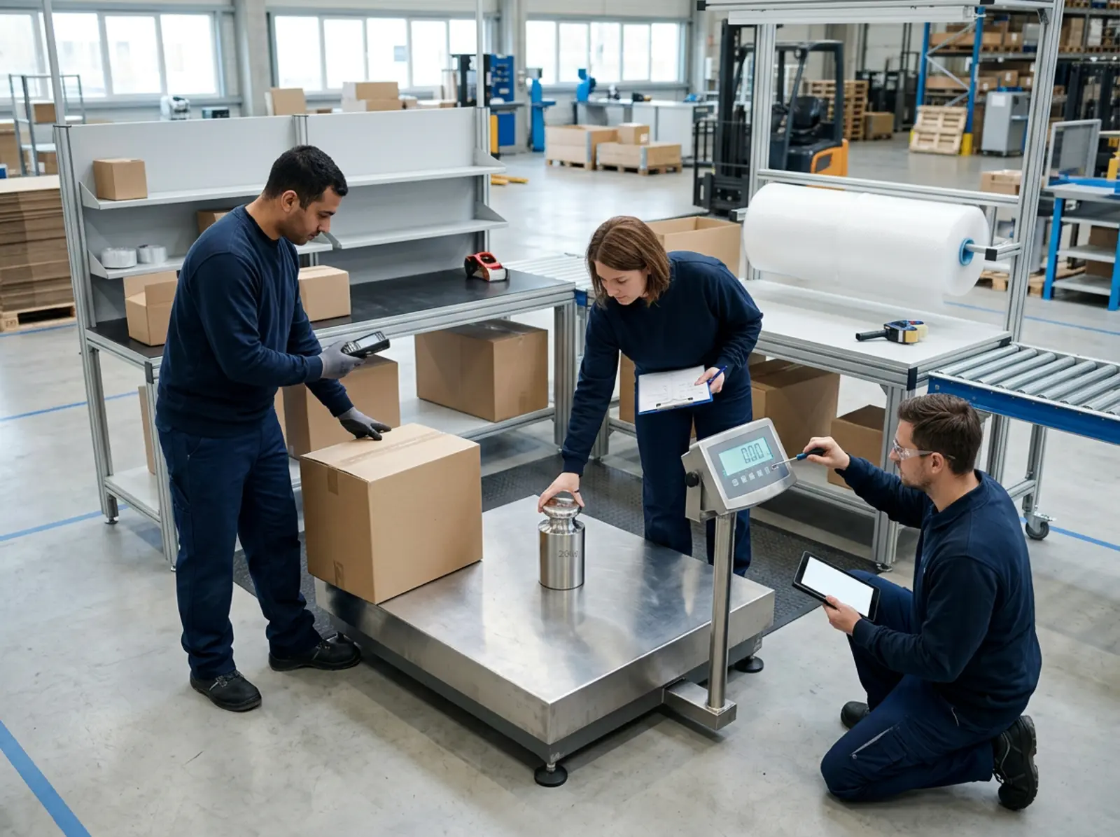 Trois opérations de maintenance sur la balance à colis : contrôle, vérification à l'aide de poids, étalonnage.