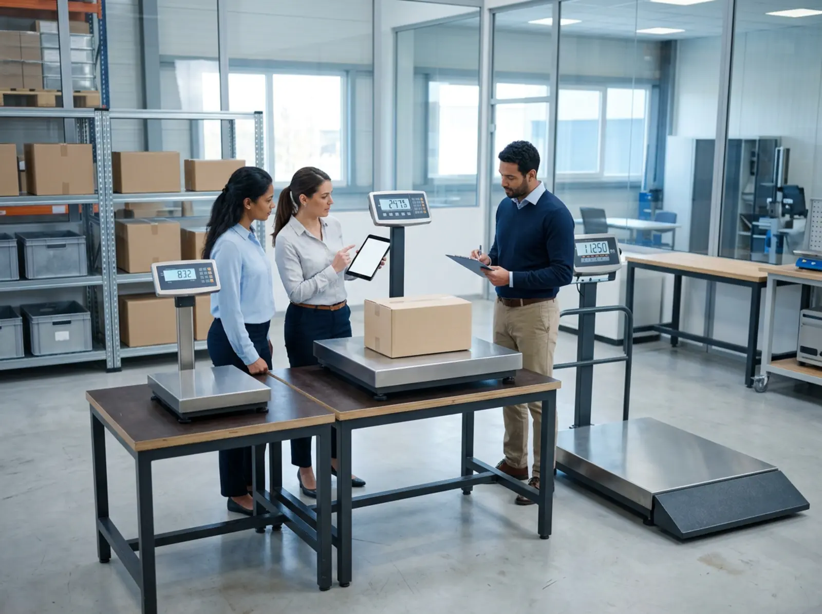 L'équipe chargée des achats compare différentes balances industrielles pour colis dans la salle d'exposition.