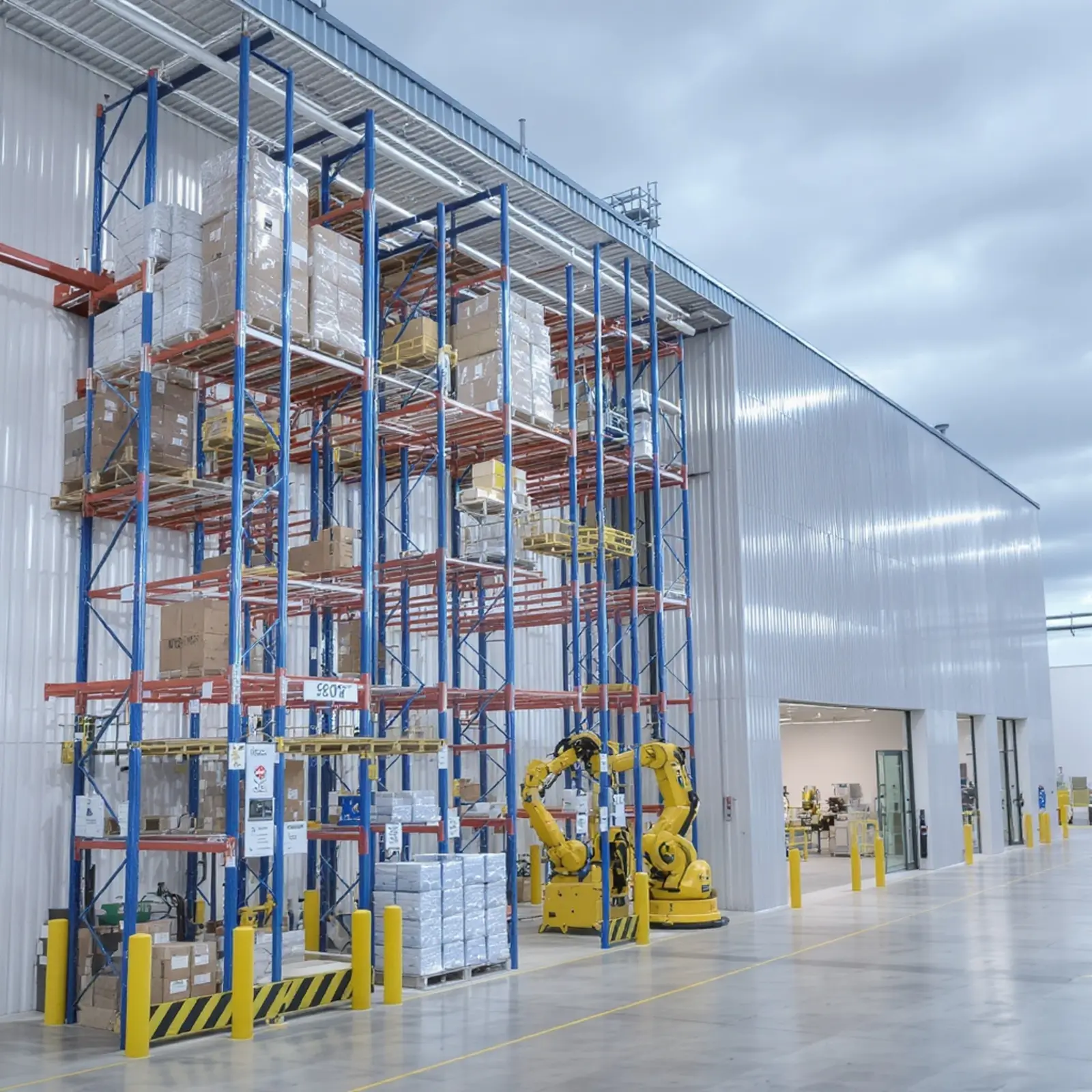 Entrepôt moderne à rayonnages en hauteur, équipé de systèmes de stockage automatisés, de robots, d'un réseau de convoyage et d'un centre de contrôle.
