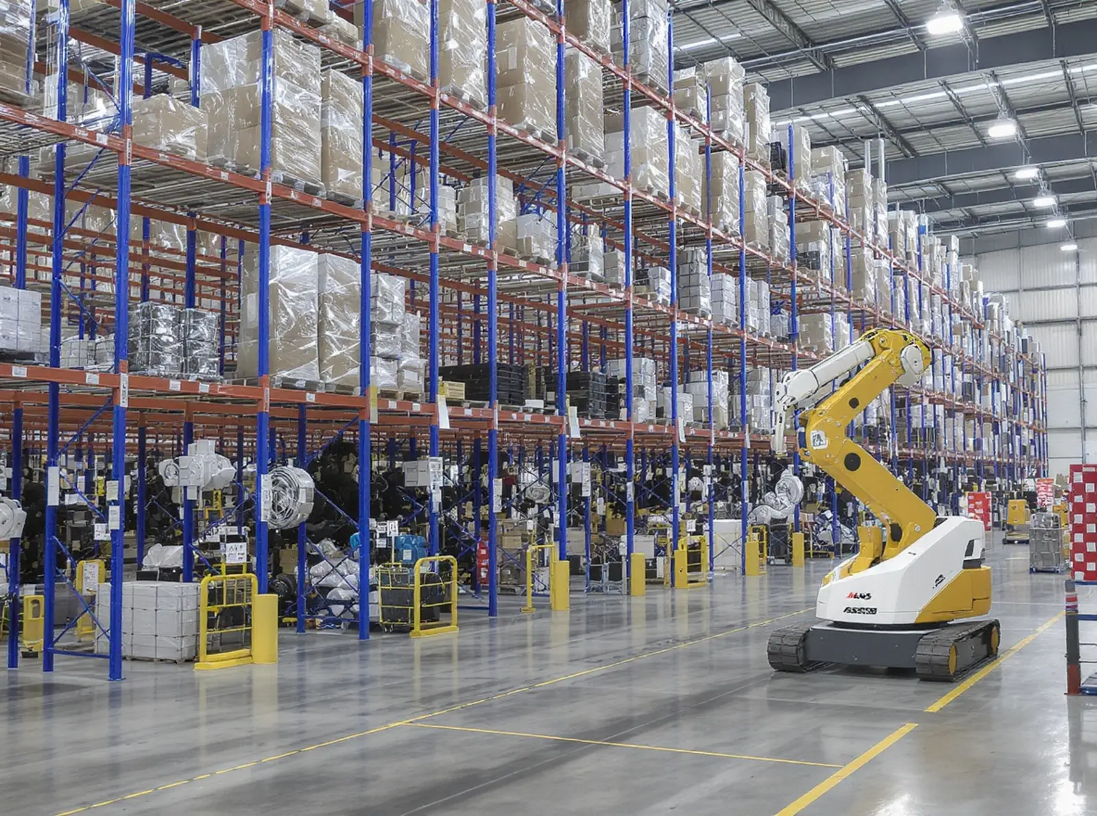 Photo réaliste d'un entrepôt automatisé pour petites pièces équipé d'un système AS/RS et de navettes robotisées.