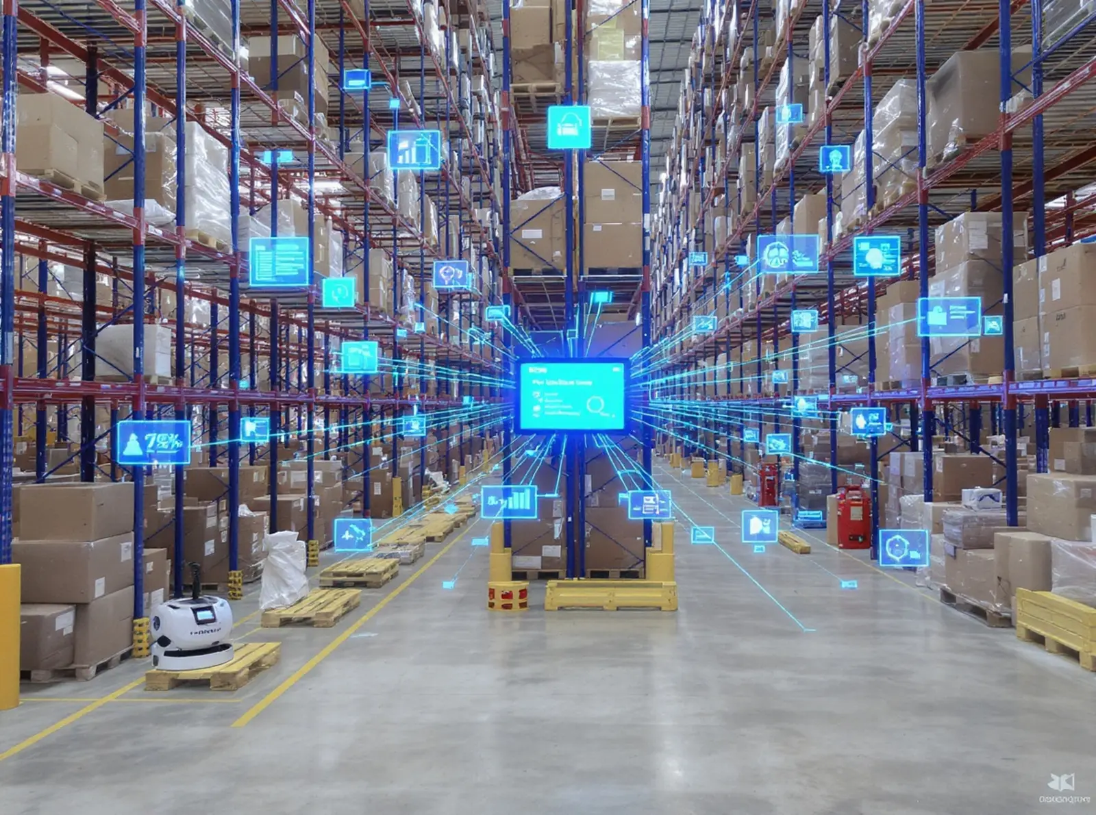 Entrepôt moderne à rayonnages en hauteur équipé de robots autonomes, de capteurs IoT et de tableaux de bord.