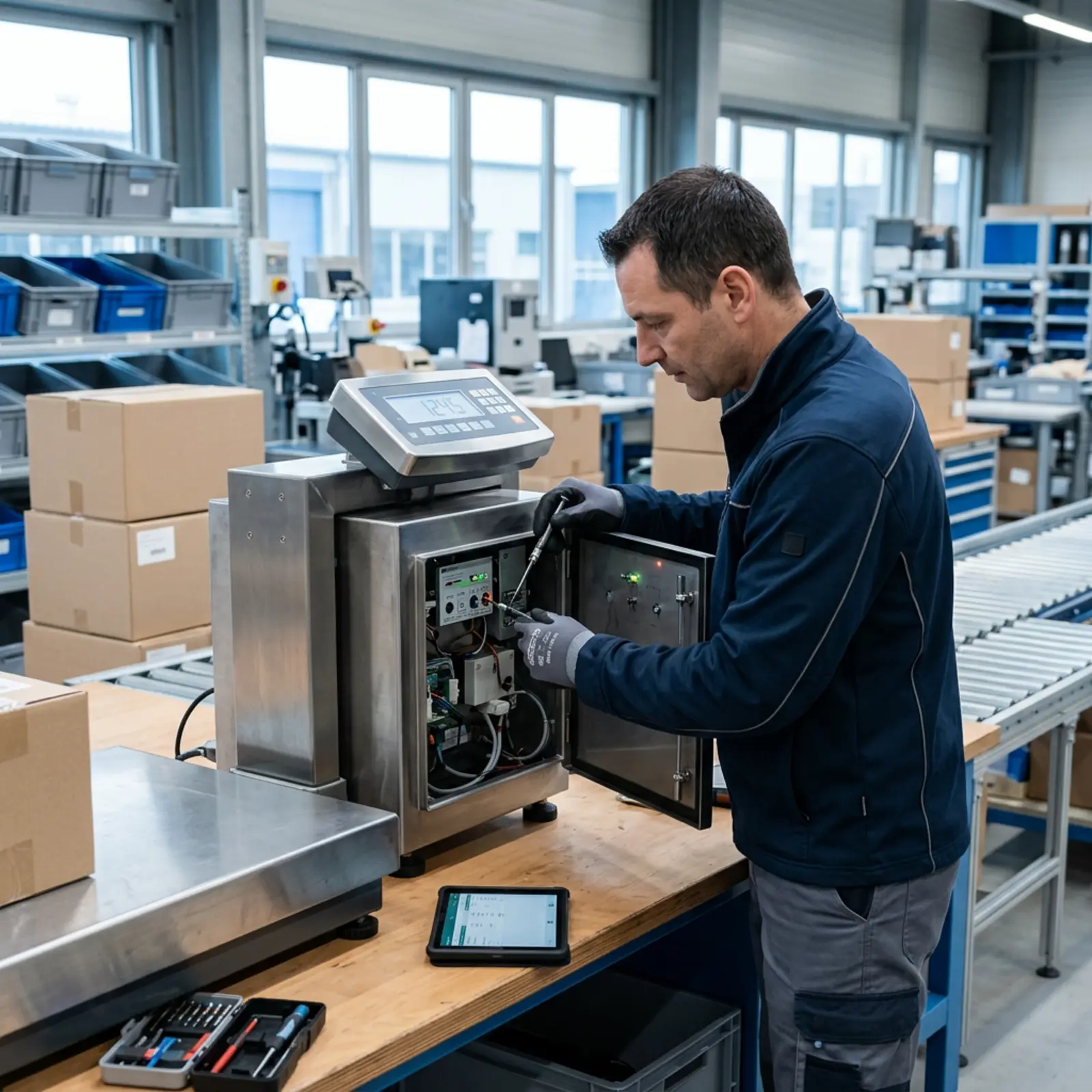 Un technicien de maintenance ouvre le boîtier d'entretien d'une balance d'expédition et procède à des réglages après avoir effectué des mesures.