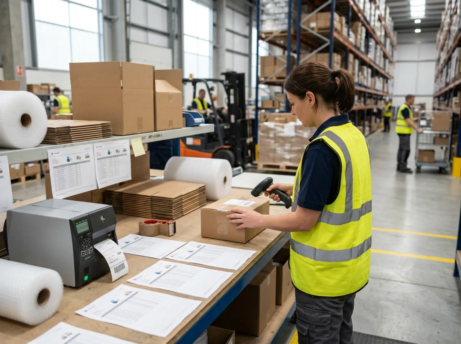 Lagerarbeiter scannt Barcode an Packstation, Orderunterlagen auf dem Arbeitstisch, Tageslicht