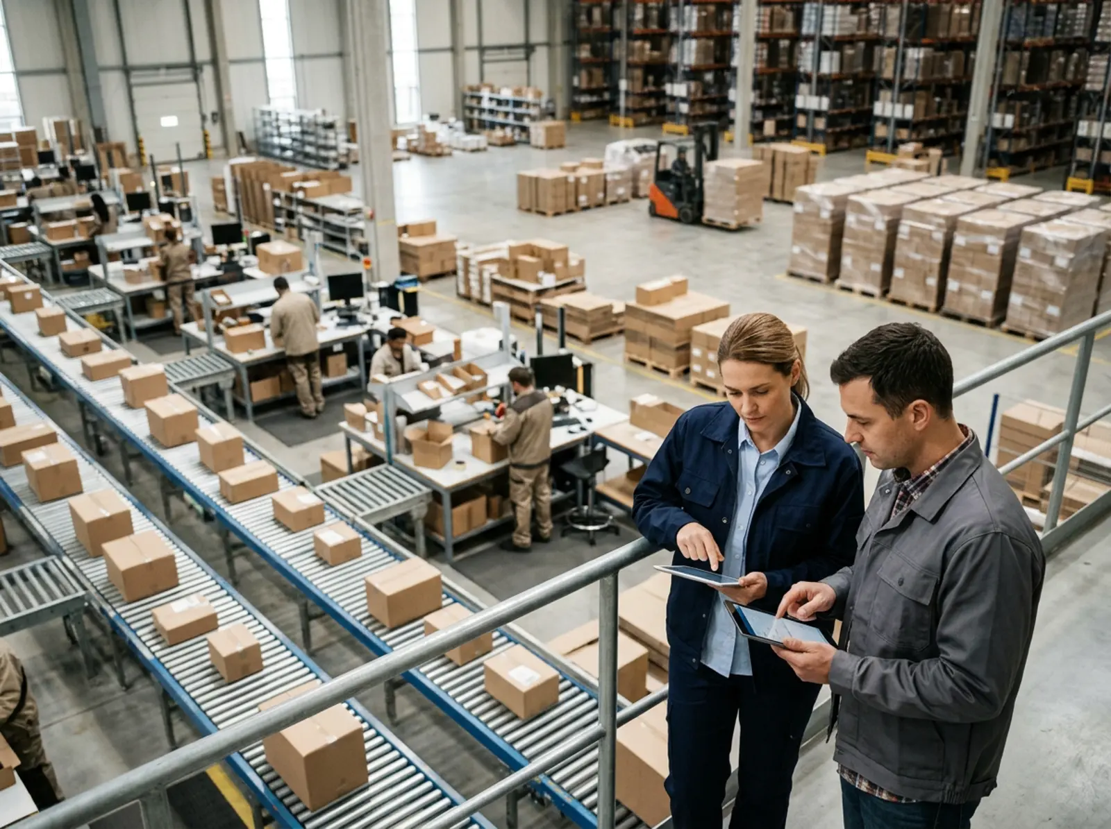 Logistikmanager und Lageraufsicht auf erhöhter Plattform beobachten Abläufe unten mit Handgeräten.