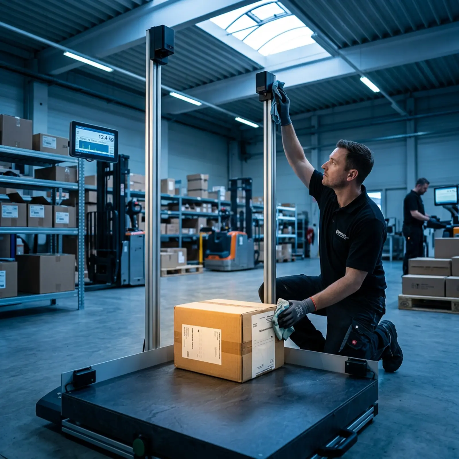 A technician cleans sensors on a package-measuring system in a busy warehouse.