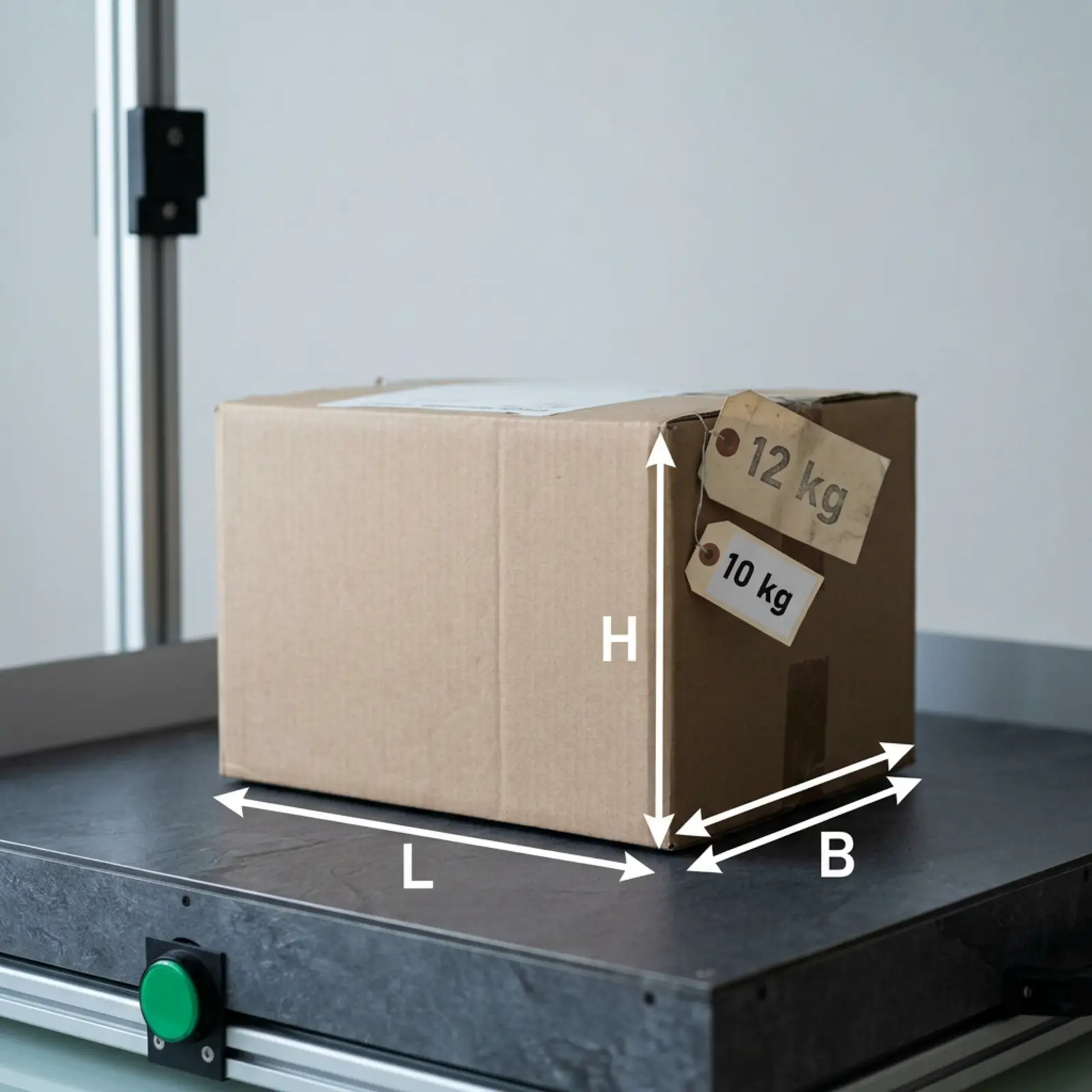 Caja de cartón con las dimensiones visibles (L × An × Al) y pesos de 12 kg y 10 kg; infografía industrial