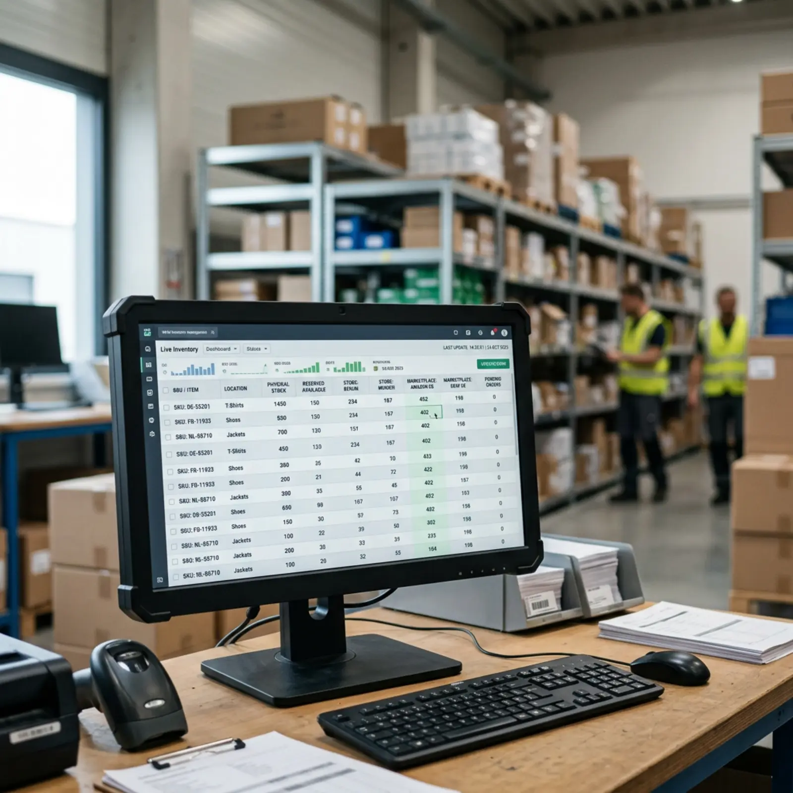 Nahaufnahme eines Computerbildschirms mit Live-Inventarzahlen im Logistik-Lager, leicht erhöht.