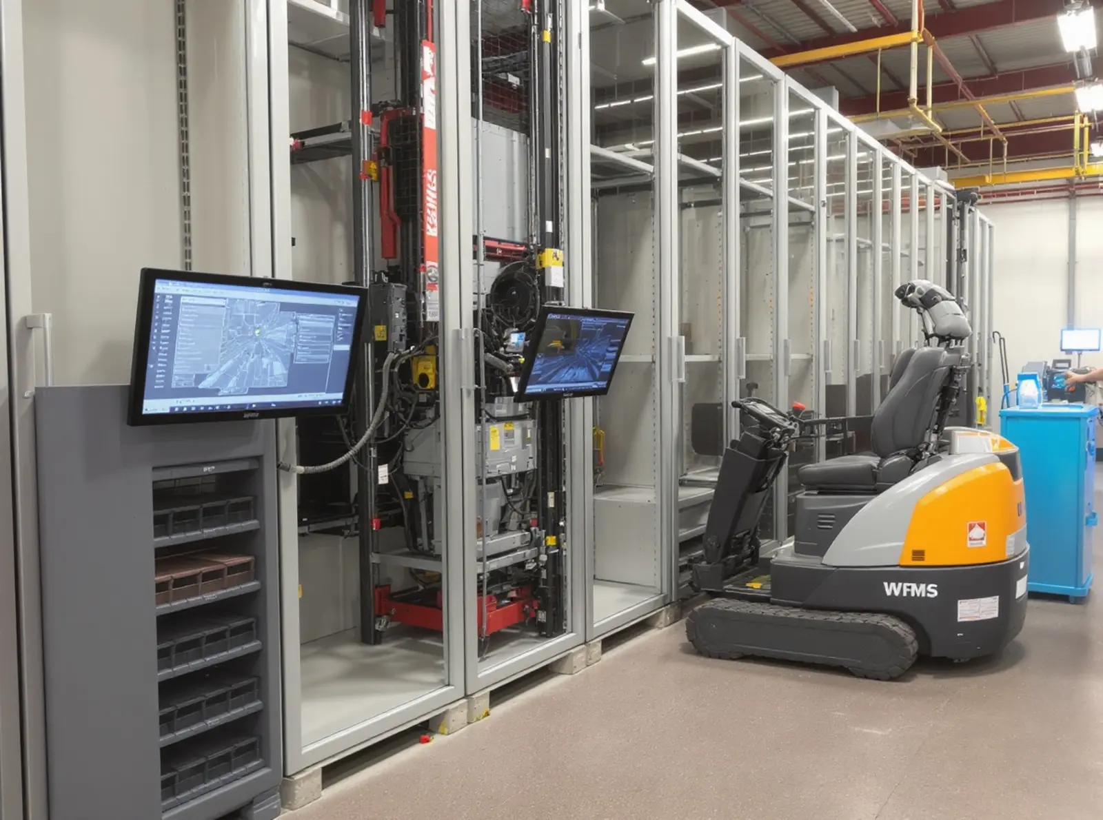 Entrepôt à rayonnages en hauteur autonome : un transstockeur déplace les palettes entre les rayonnages ; des écrans affichent le système de gestion d'entrepôt (WMS).