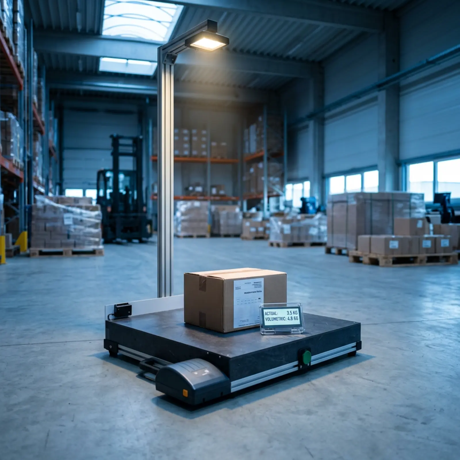 Shipping box with a weight label of 3.5 kg (actual weight), 4.8 kg (volumetric weight); industrial warehouse.