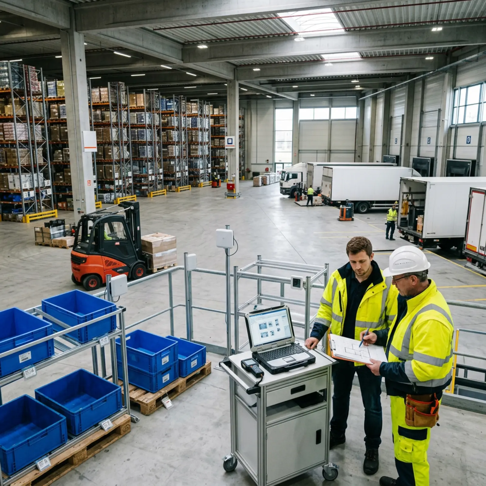 Logistiklager-Pilotzone: Vordergrund mit markierten Assets und Lesegeräten; Manager prüft Hardware.