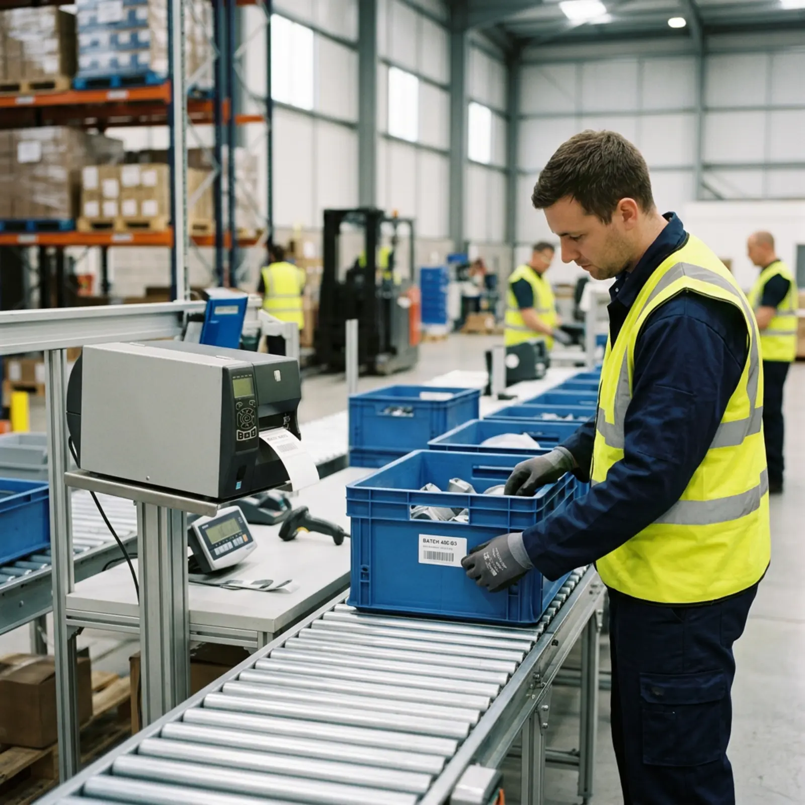 Mitarbeiter befestigt Etikett mit Chargennummer am Produktionscontainer in modernen Versandhalle