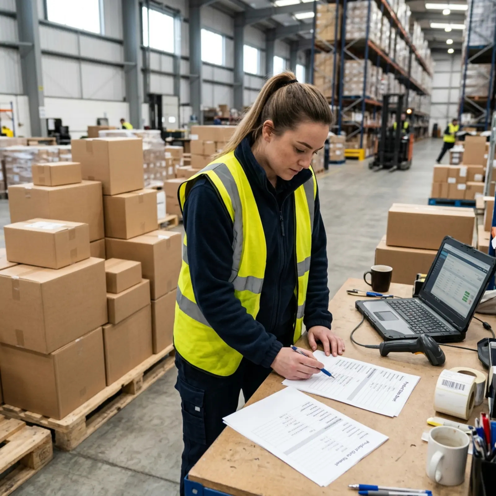 Logistikmitarbeiter prüft Produktdatenblätter mit abweichenden Maßen und Gewichtsangaben im Lager