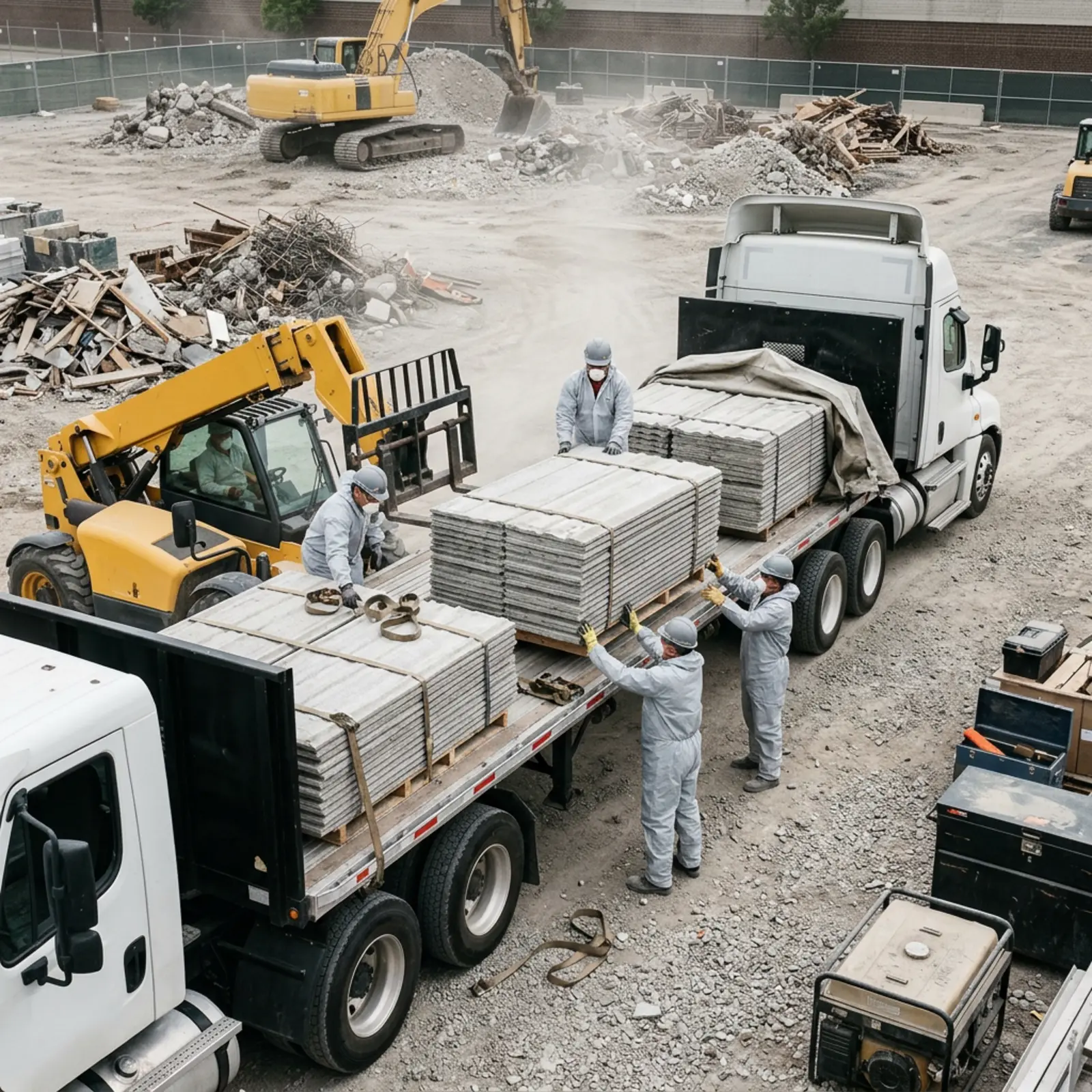 Bauarbeiter beladen Lkw auf Abrissbaustelle mit versiegelten Faserzementplatten im Schutzanzug