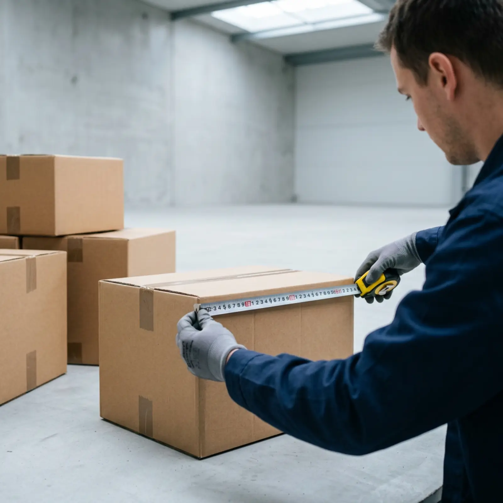 Fotografía industrial de infografía: una cinta métrica mide las dimensiones exteriores de una caja de cartón, fondo neutro