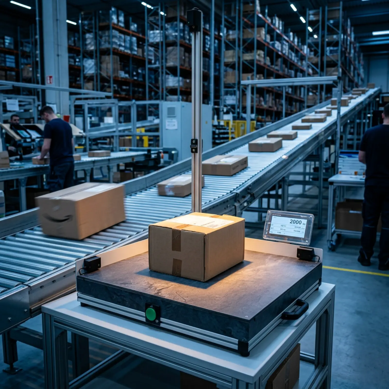Close-up of a machine in front of a conveyor belt carrying packages in a logistics center; cool blue with a warm accent.