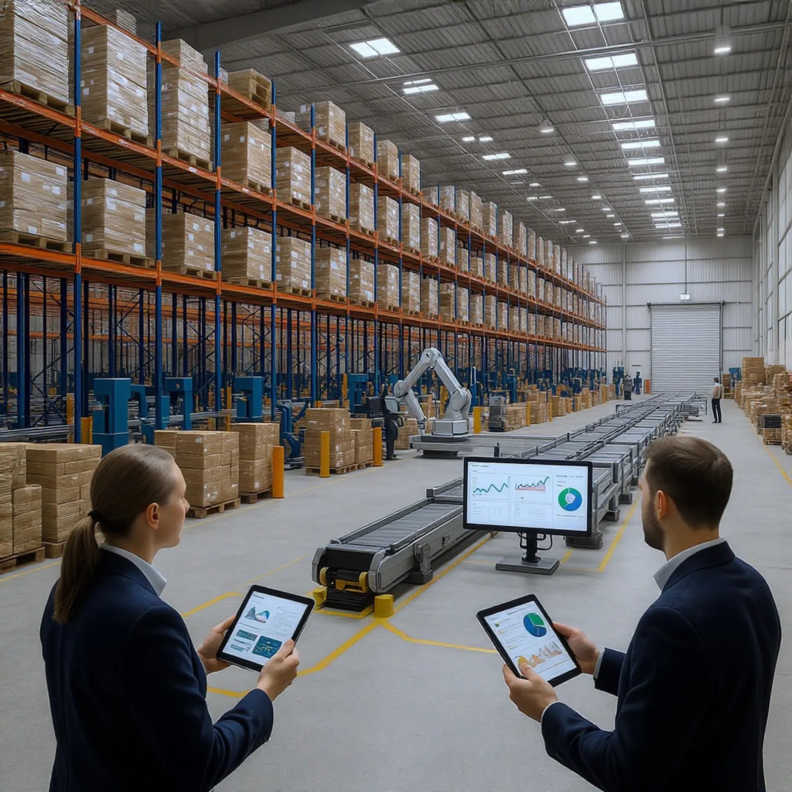 Entrepôt moderne équipé de rayonnages en hauteur, de robots, de convoyeurs, d'utilisateurs de tablettes et de tableaux de bord.