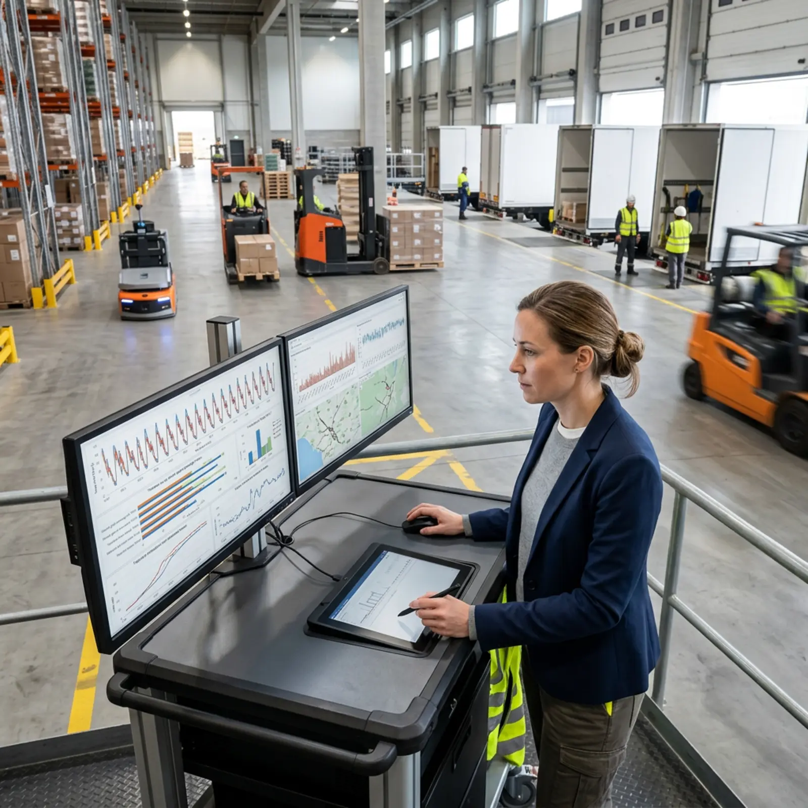 Logistik-Analyst überwacht Lager- und Transportdaten aus erhöhter Perspektive.
