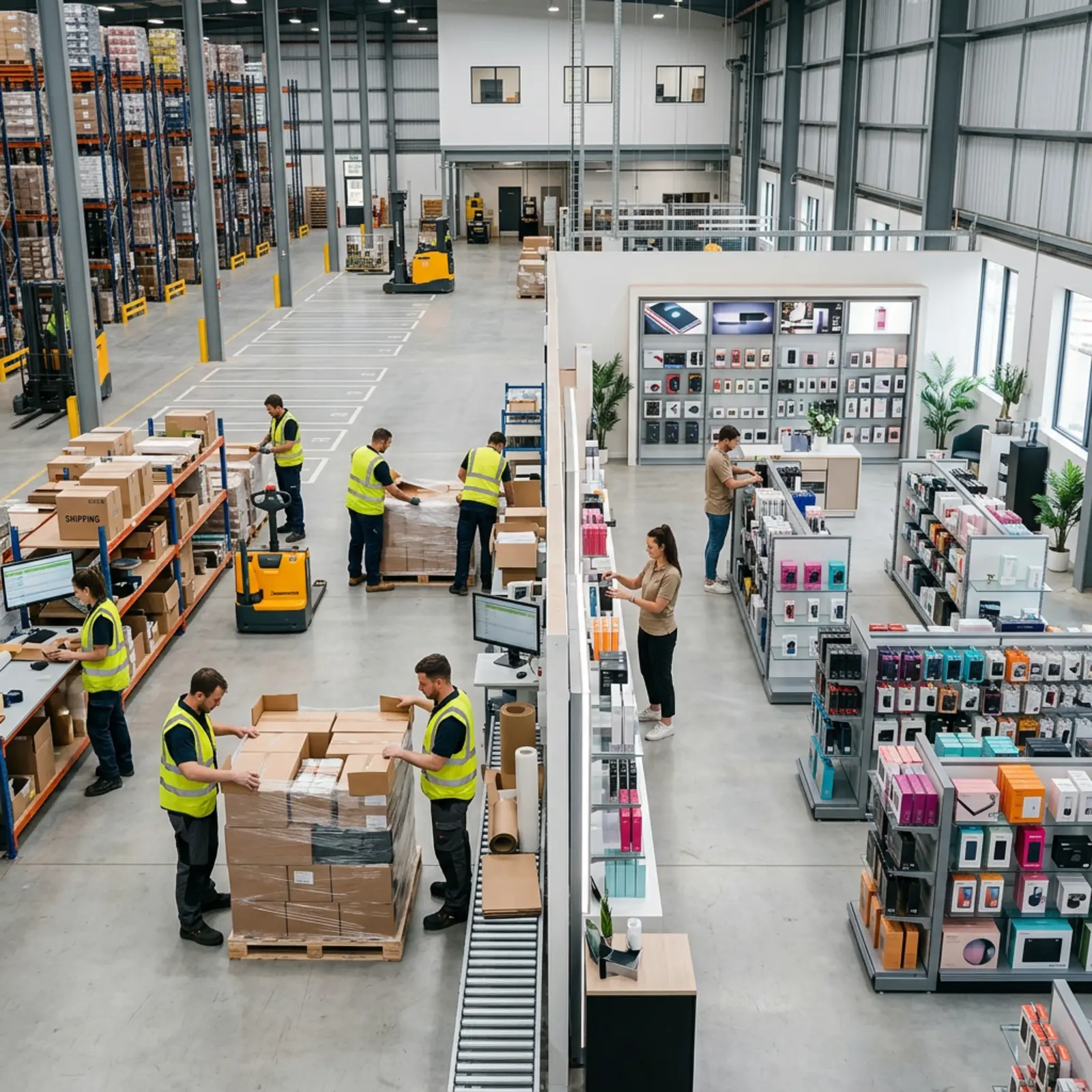 Zone de stockage avec stockage sur palettes, à côté d'un espace de vente aménagé comme un showroom et baigné de lumière naturelle.