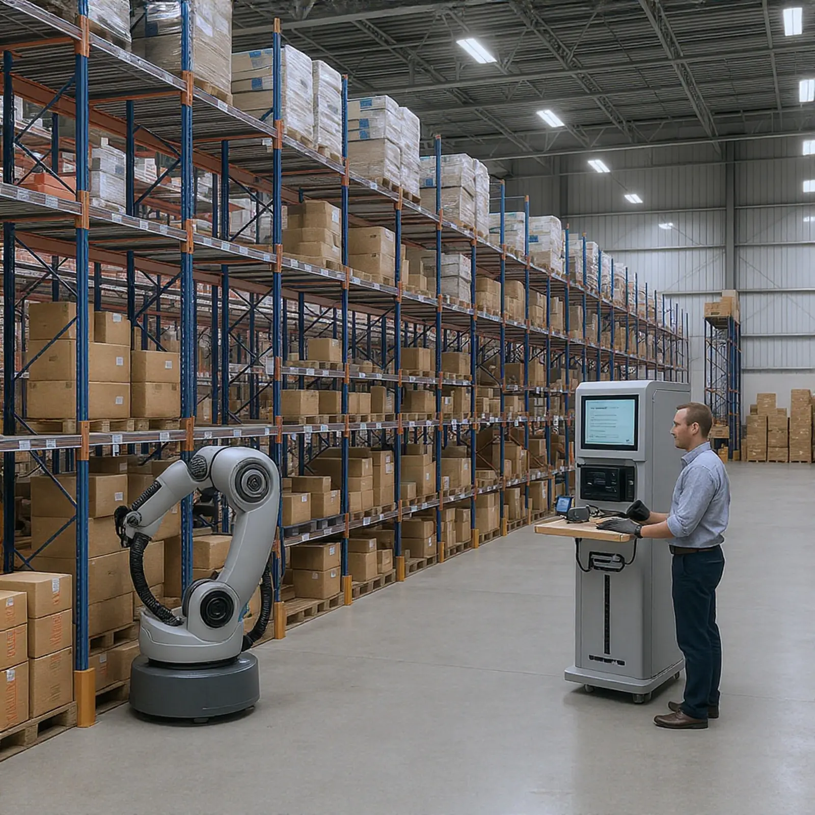 Realistisches Foto eines modernen automatisierten Hochregallagers mit Robotern und Mitarbeitern.
