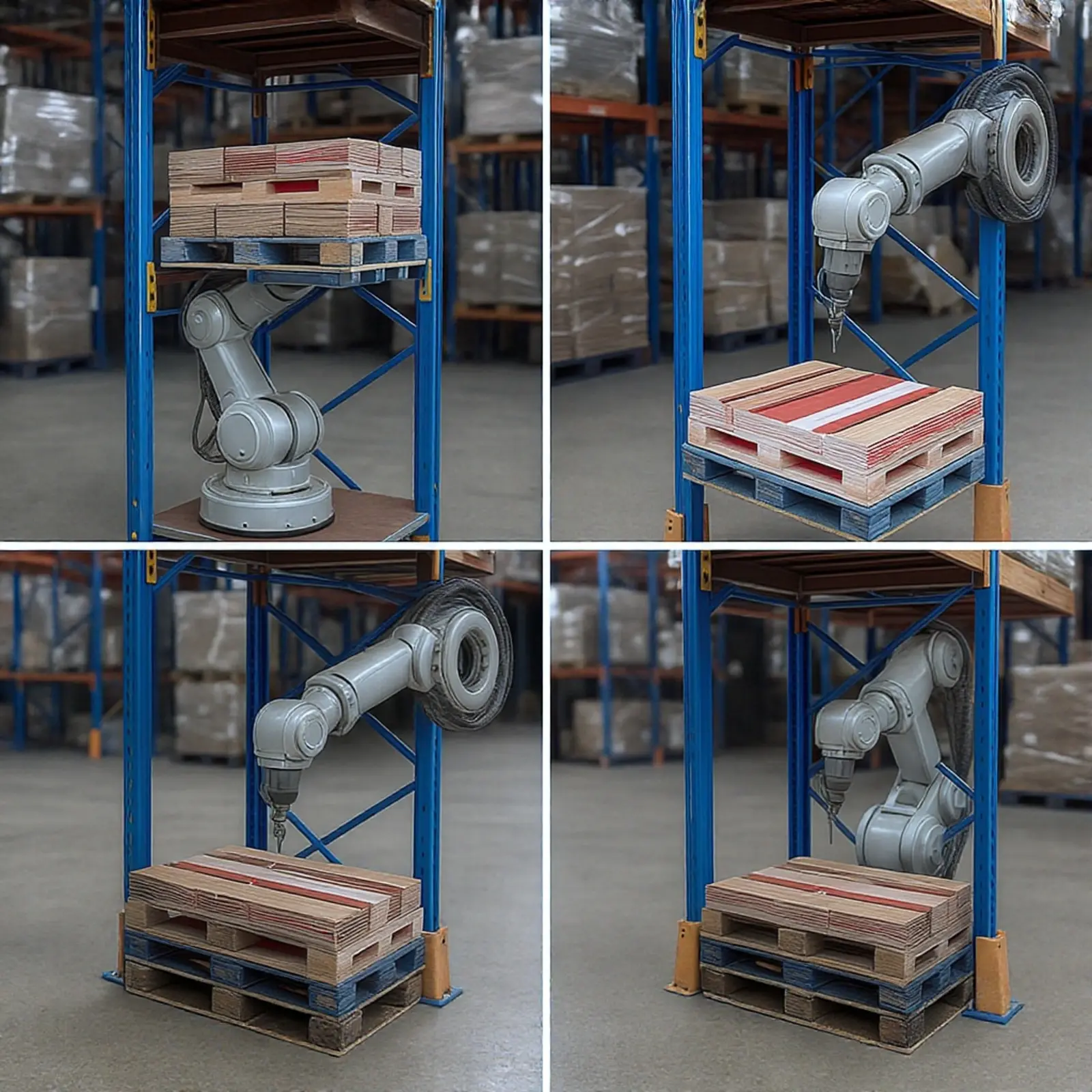 Fotorealistisches Quadratbild eines automatisierten Hochregallagers mit Robotik und Paletten.