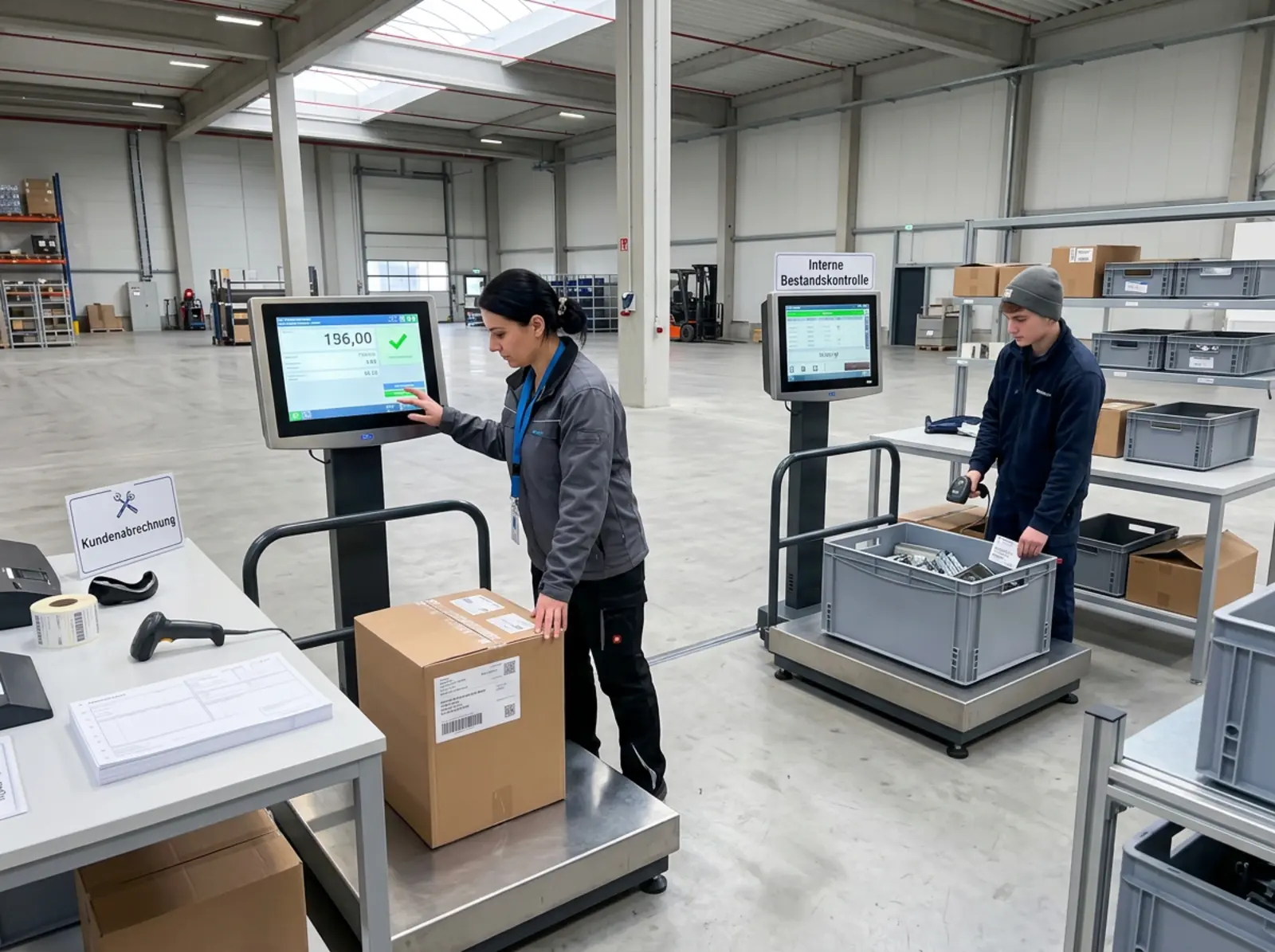 Scène photoréaliste : balance avec des poids de contrôle, plaque d'étalonnage, un technicien en train de peser deux cartons.