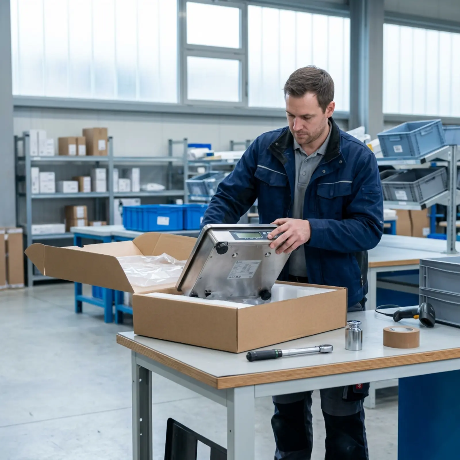 Un technicien vérifie la nouvelle balance à colis sur la table d'emballage avant son installation.