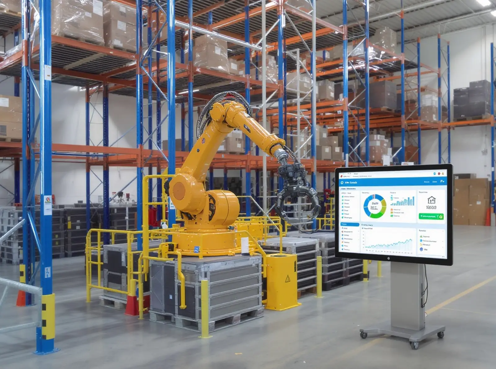 Entrepôt à rayonnages en hauteur automatisé, équipé de robots, d'un système de convoyage et d'un tableau de bord WMS.