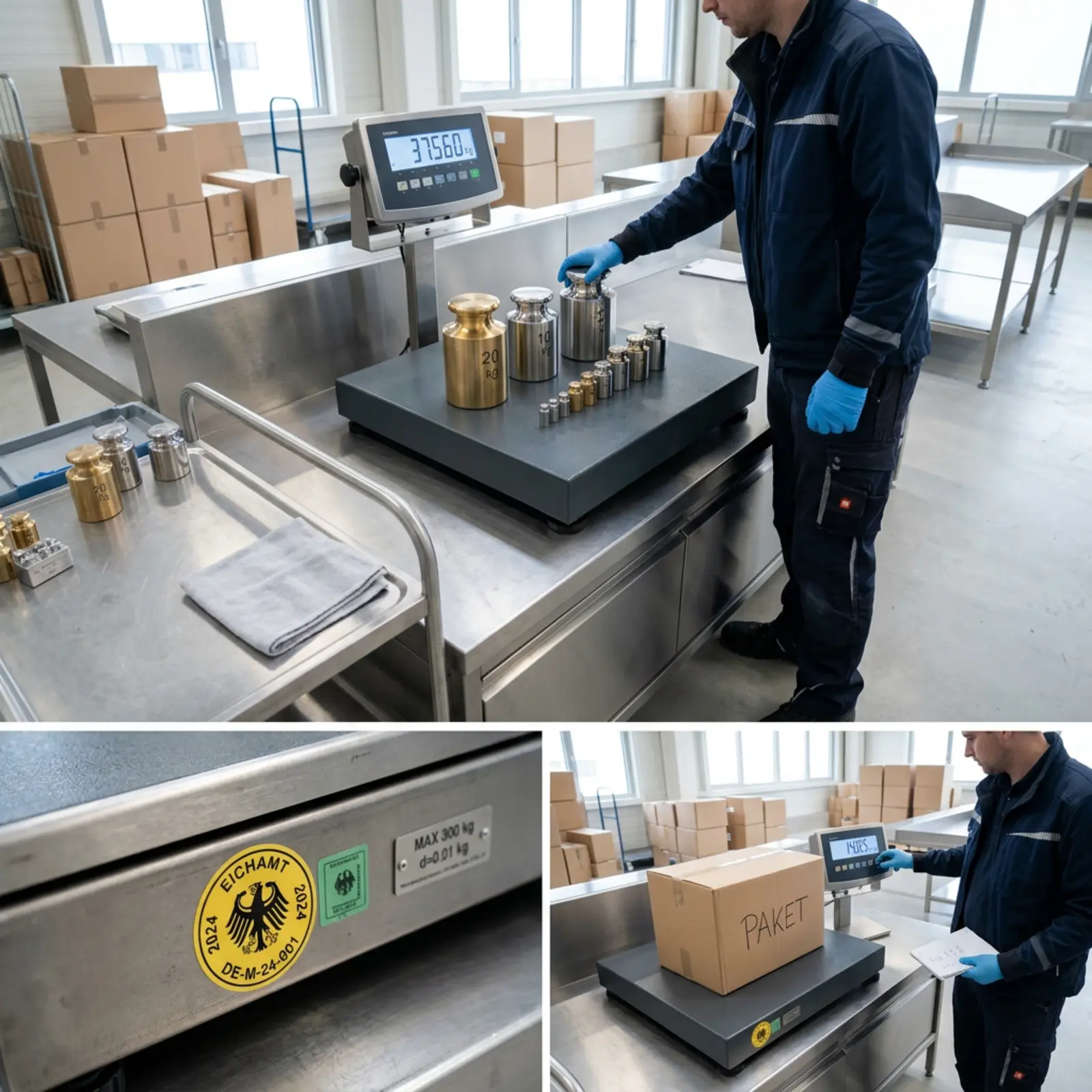 Gros plan photoréaliste d'une balance industrielle avec un poids d'étalonnage, une plaque d'étalonnage et un technicien.