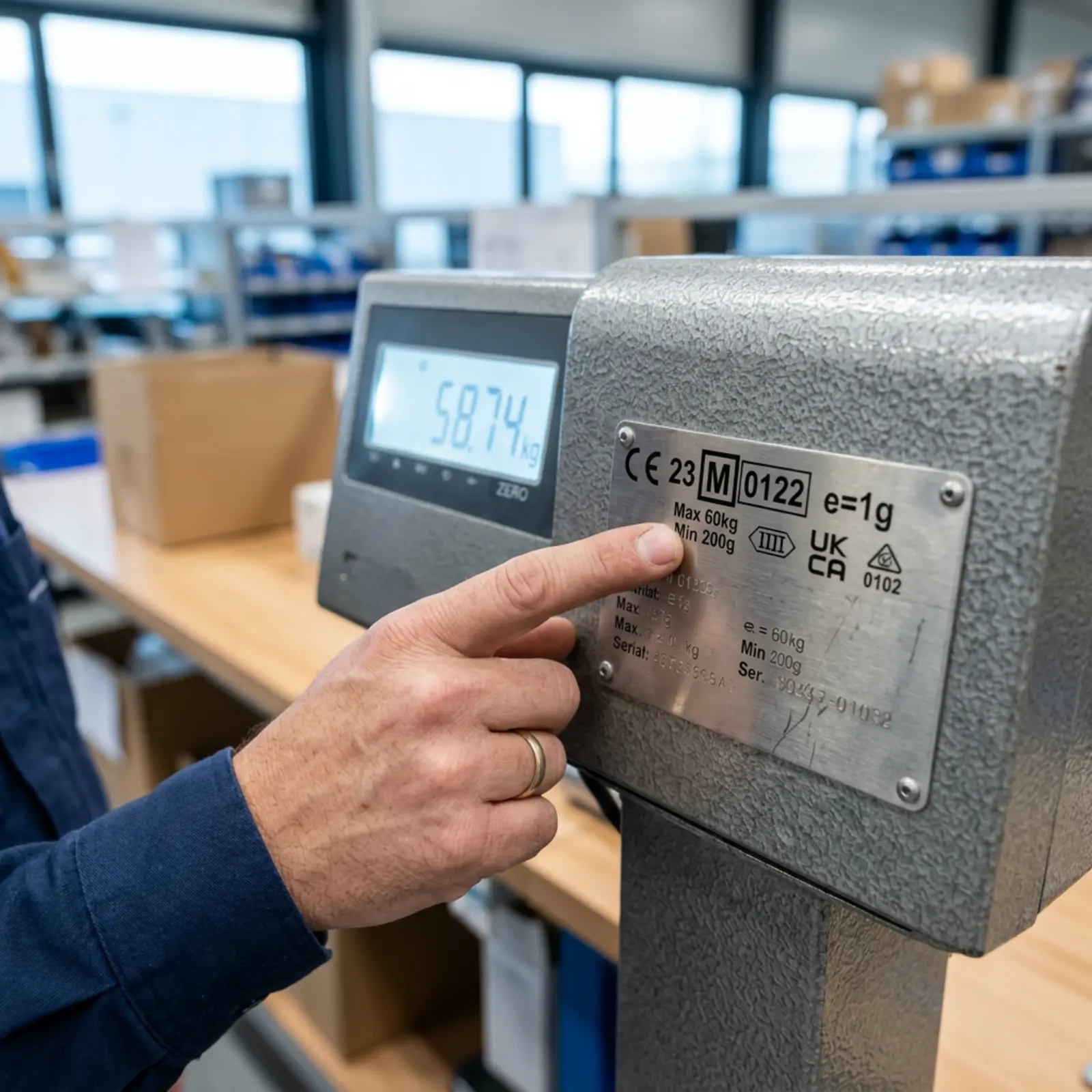 Gros plan sur le poinçon d'étalonnage métallique d'une balance industrielle pour colis ; une main désigne le marquage d'homologation.