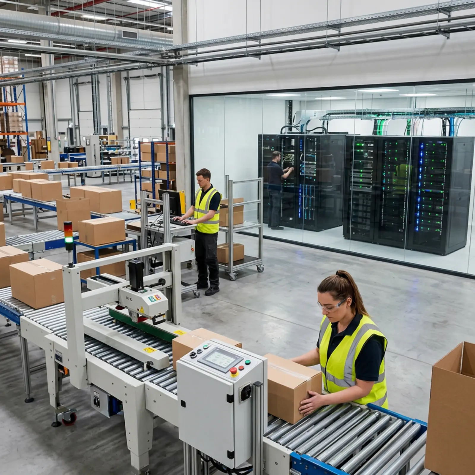 Logistikaufnahme: Verpackungslinie, Steuerkasten neben Arbeitsplatz, Glas-Serverraum, zwei Mitarbeiter.