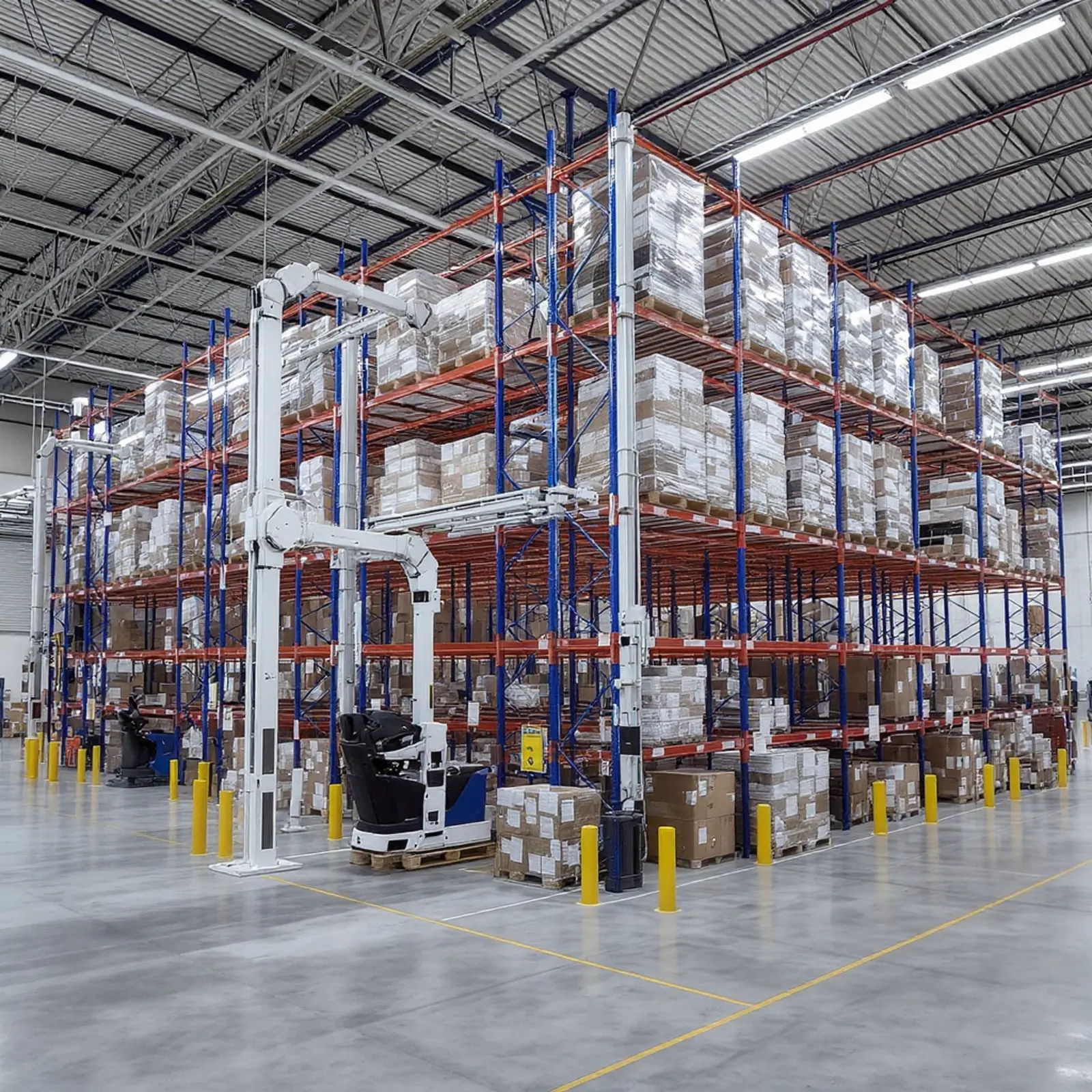 Entrepôt moderne à rayonnages en hauteur, équipé de systèmes de stockage automatisés, de chariots élévateurs autonomes et d'un système de manutention.