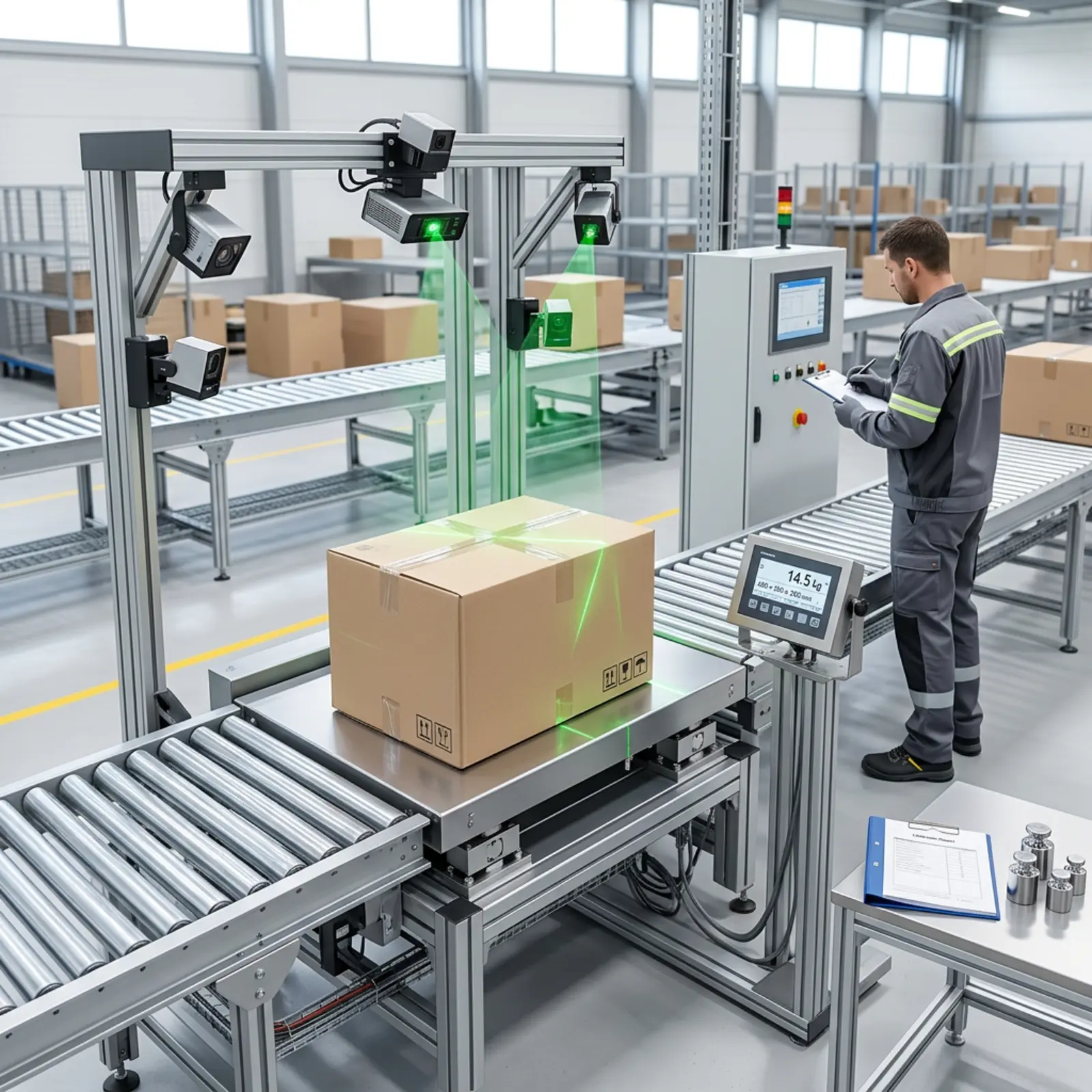 Le colis est pesé et ses dimensions extérieures sont mesurées dans un poste de pesage et d'étalonnage.