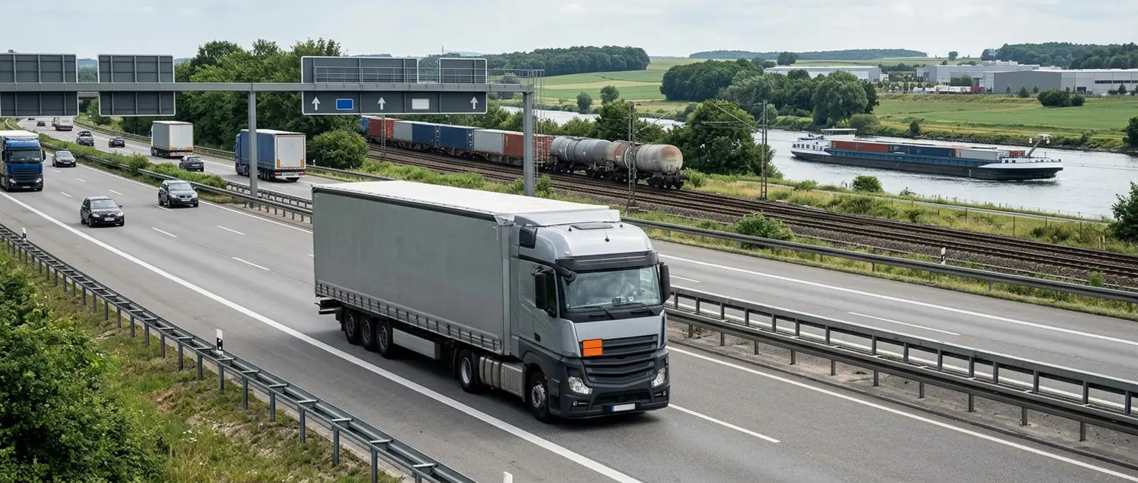 Schwerer Lkw mit Warnpanelen auf deutscher Autobahn, im Hintergrund Hafen und Bahntrassen
