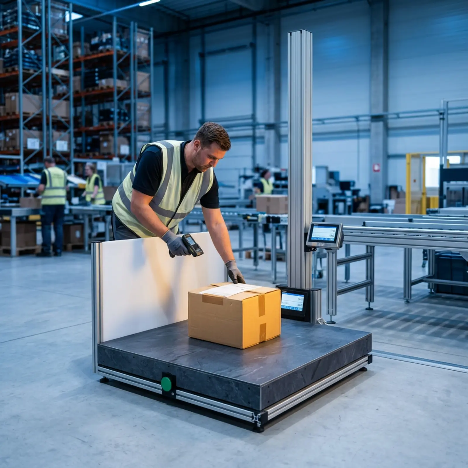 Packaging station at the logistics center; an employee weighs and measures a shipping package.