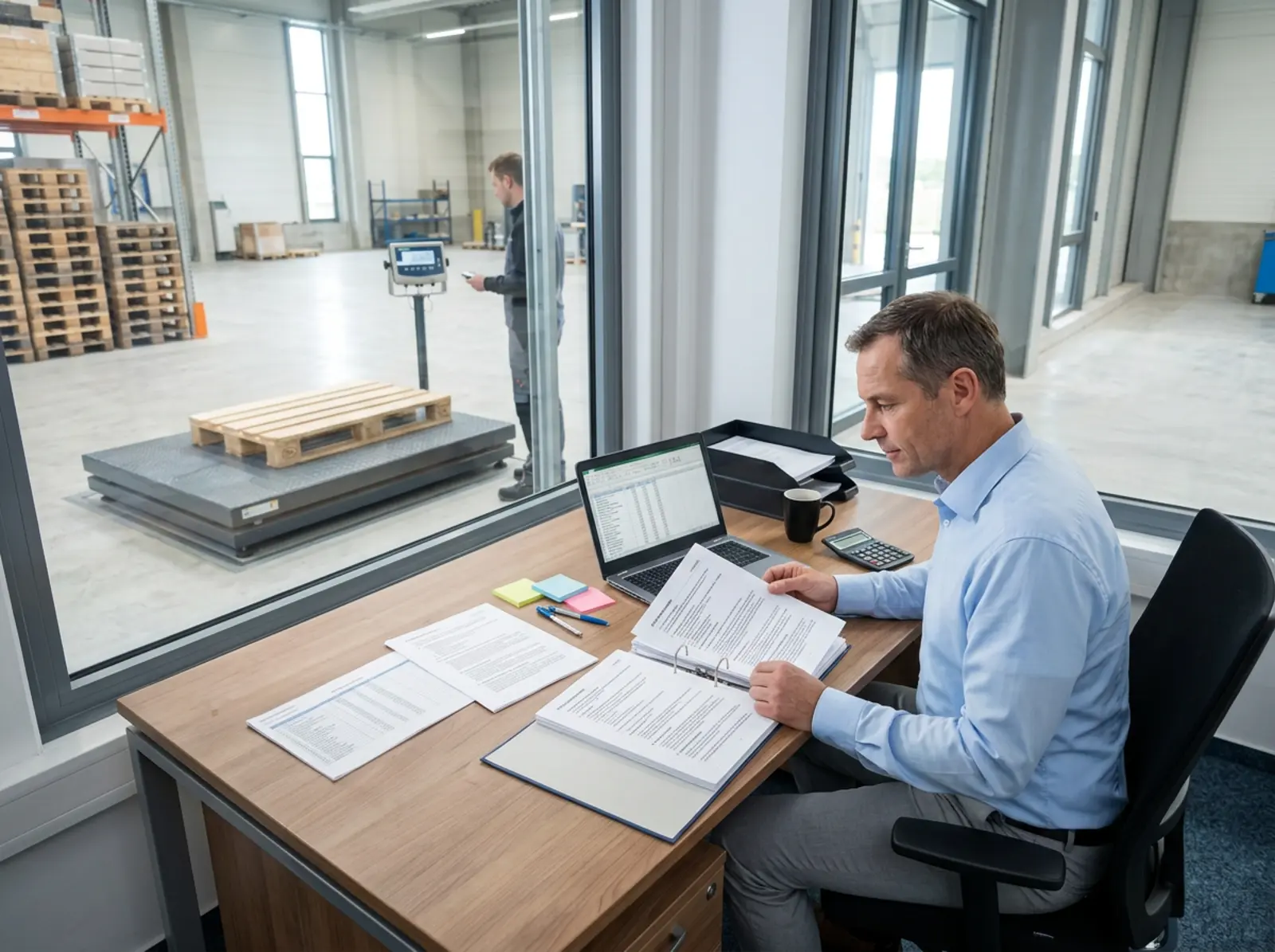 Un technicien vérifie une balance industrielle ; à côté, un responsable de la conformité examine les documents