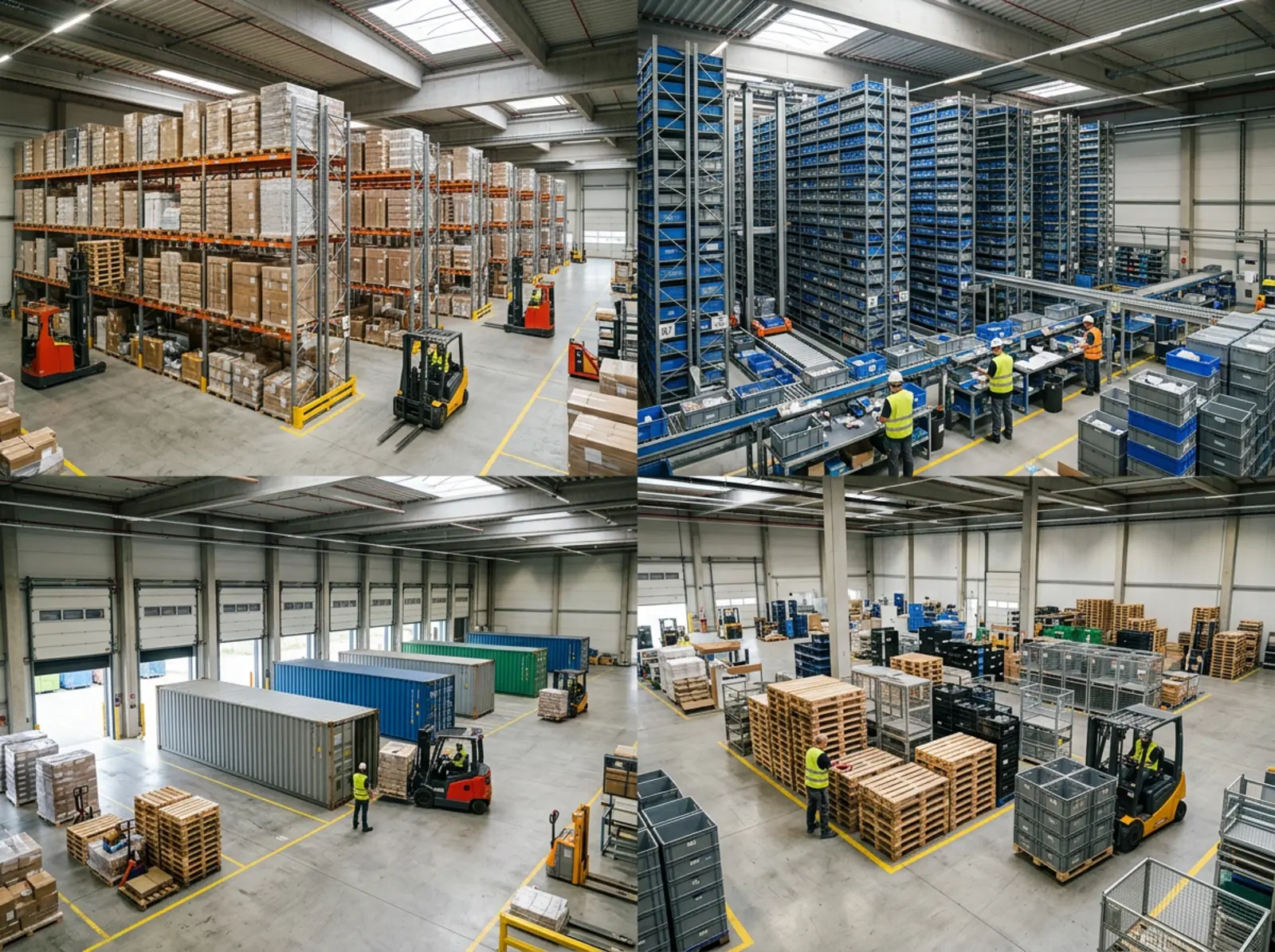 Overhead-Blick auf modernes Logistikzentrum mit Lagerzonen, Regalen und Container-Bereich