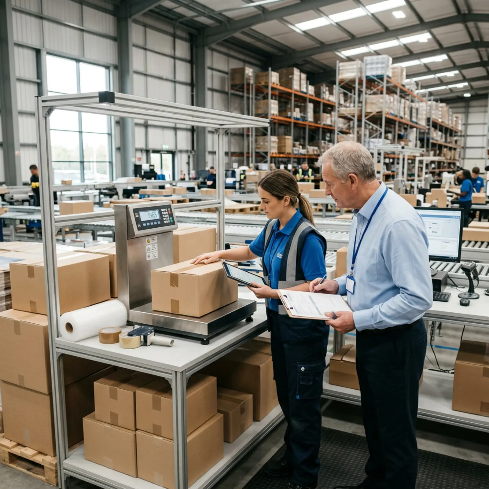Un employé du service logistique vérifie la balance, les colis et les instruments de mesure sur la table d'emballage dans le cadre d'un contrôle interne.