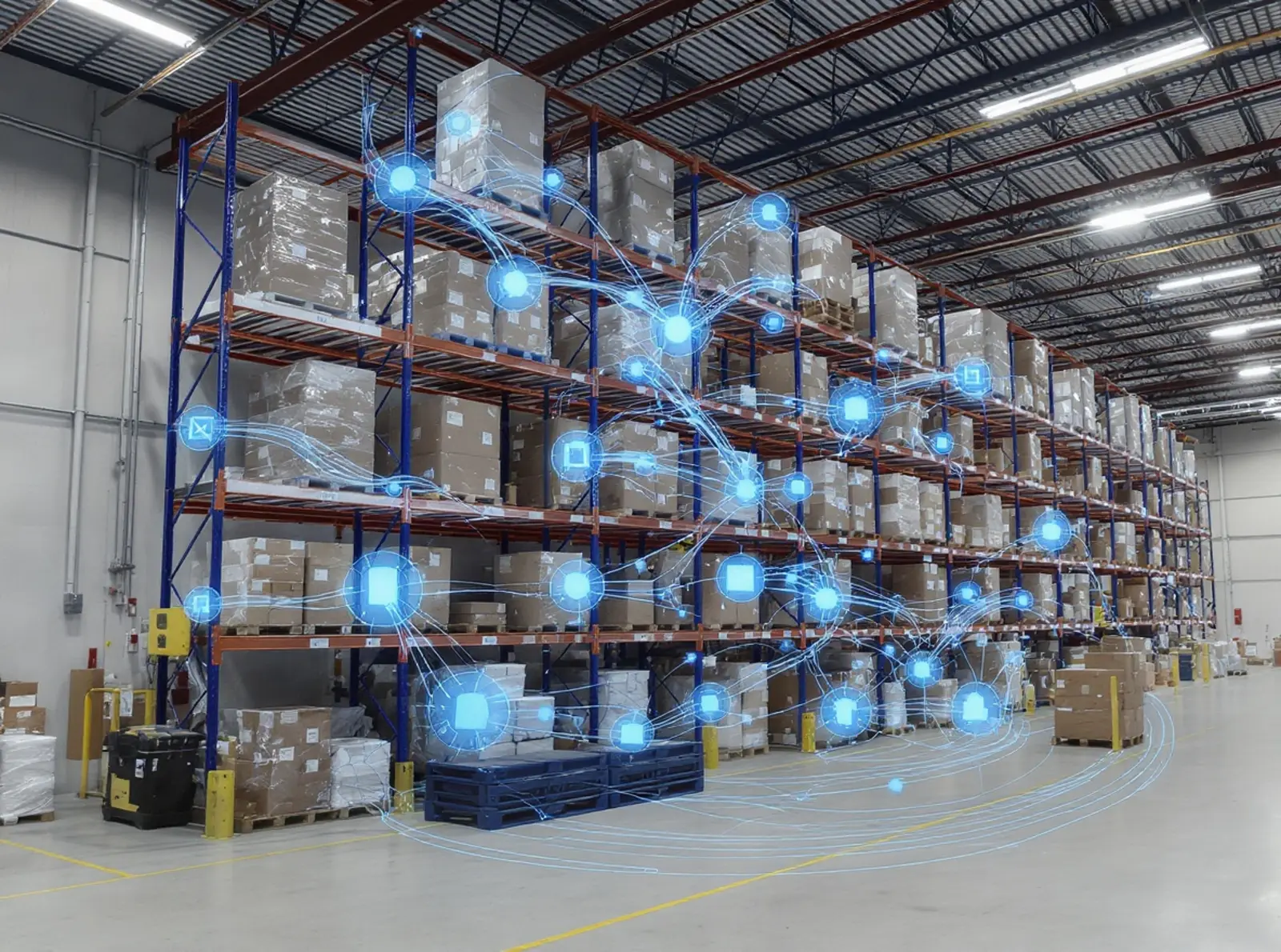 Photo réaliste d'un entrepôt moderne à rayonnages en hauteur équipé d'un système AS/RS, de capteurs IoT et d'une logistique connectée.